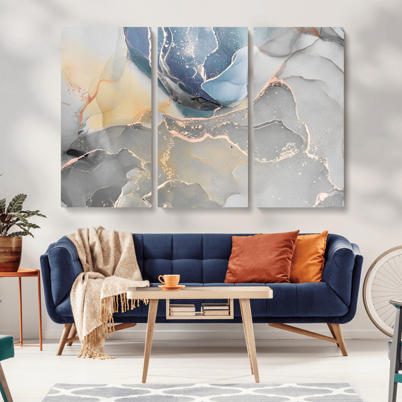 18176-MGV-CV-36X24-Abstract Fluid Wall Art – Modern Marble Ink Canvas Print with Blue, Gold, and Gray Tones, Contemporary Minimal Artwork Decor for