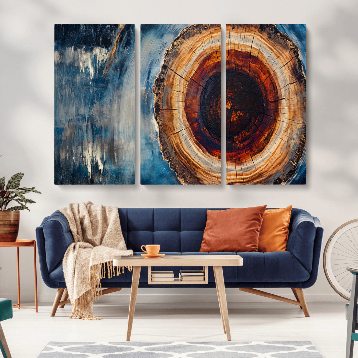 48045-MGV-CV-36X24-Tree Ring Abstract Wall Art – Rustic Wood Grain Canvas Print with Brown Center and Blue Brush Strokes, Nature Inspired Artwork for