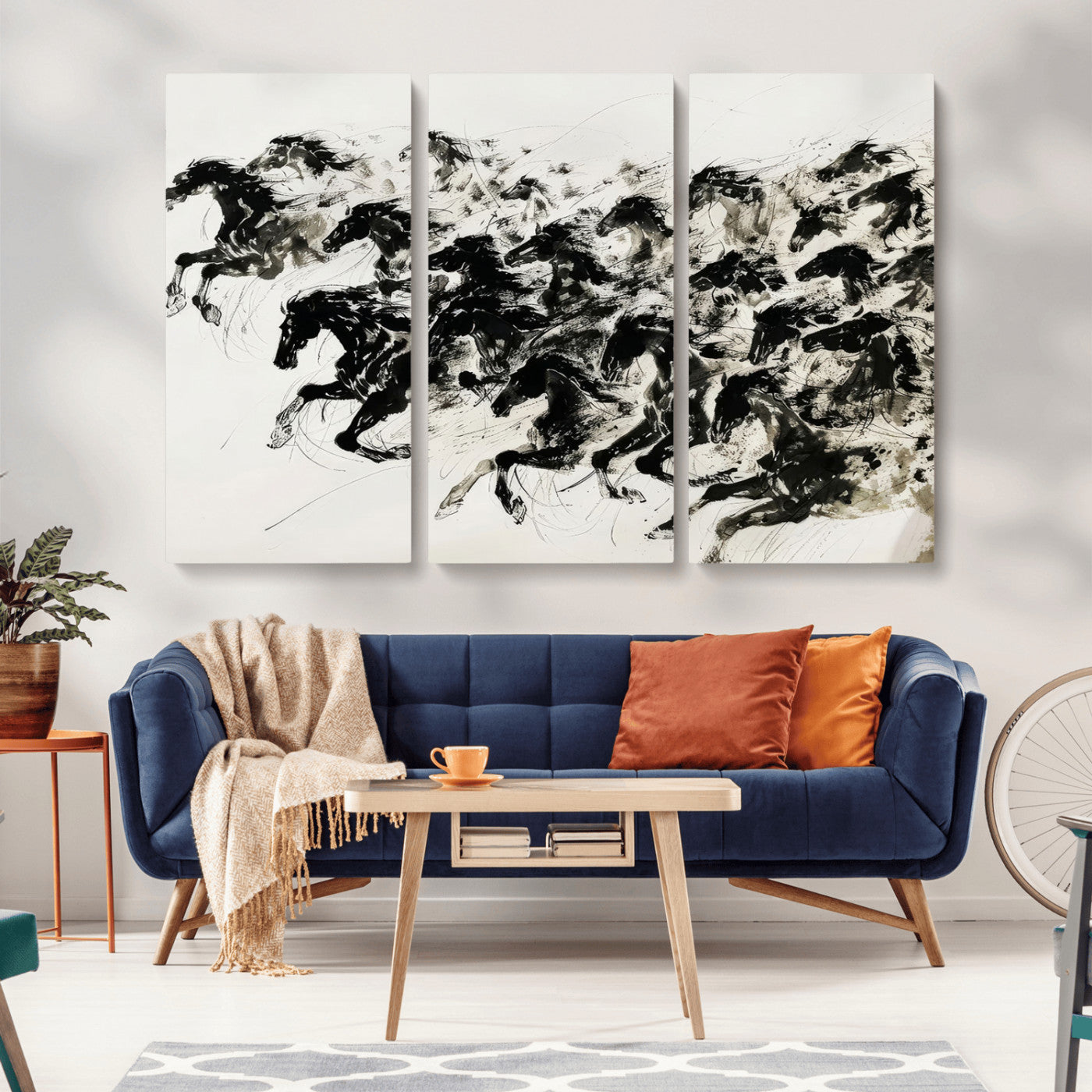 23069-MGV-CV-36X24-Galloping Horses Wall Art – Black Ink Painting on Canvas, Dynamic Equestrian Artwork with Running Stallions, Expressive Modern