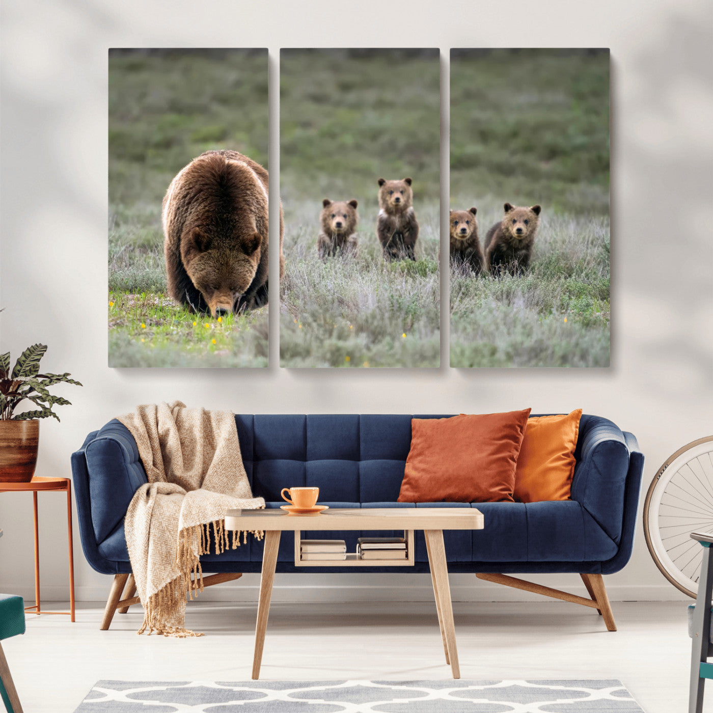65087B-MGV-CV-36X24-Bear Family Wall Art – Wildlife Canvas Print Featuring Mother Bear with Cubs in Nature, Rustic Animal Artwork for Living Room,