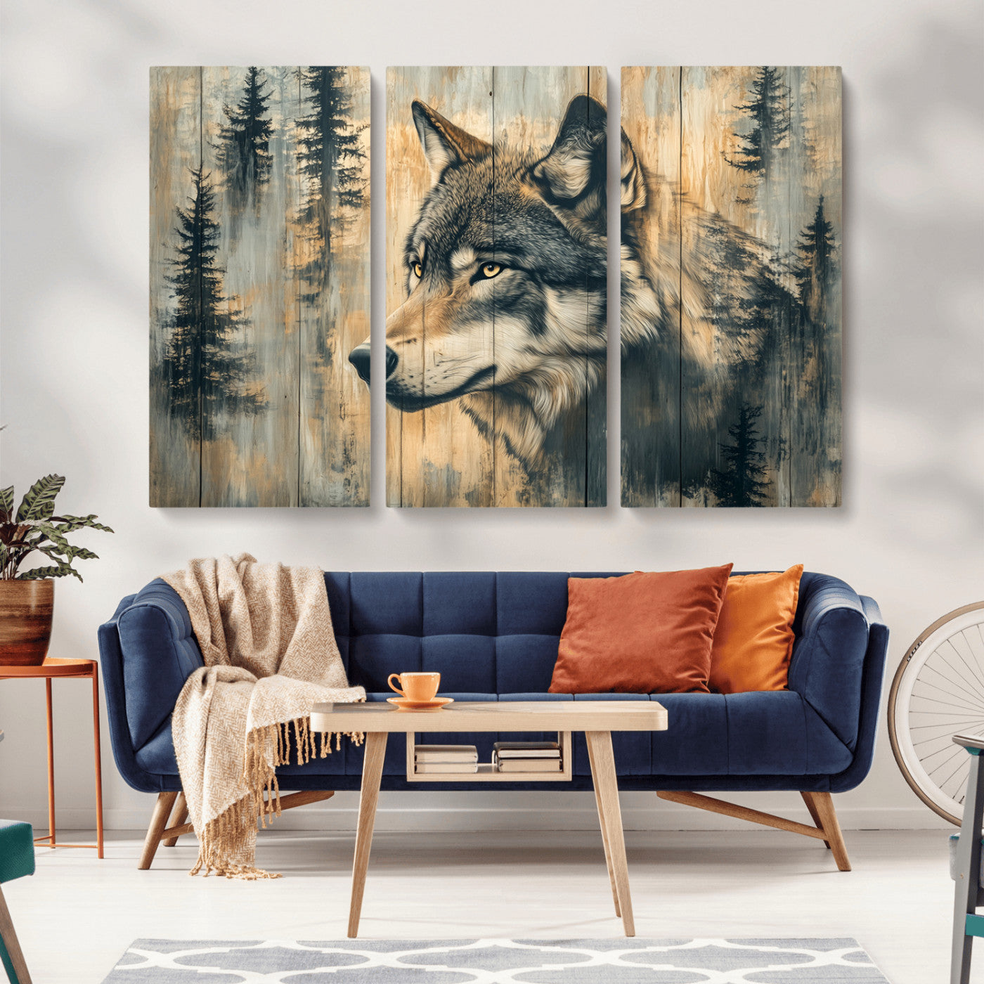 51892-MGV-CV-36X24-Wolf Wall Art – Rustic Canvas Print of Wolf with Forest Trees on Wood Texture, Wildlife Lodge Artwork for Living Room, Bedroom,