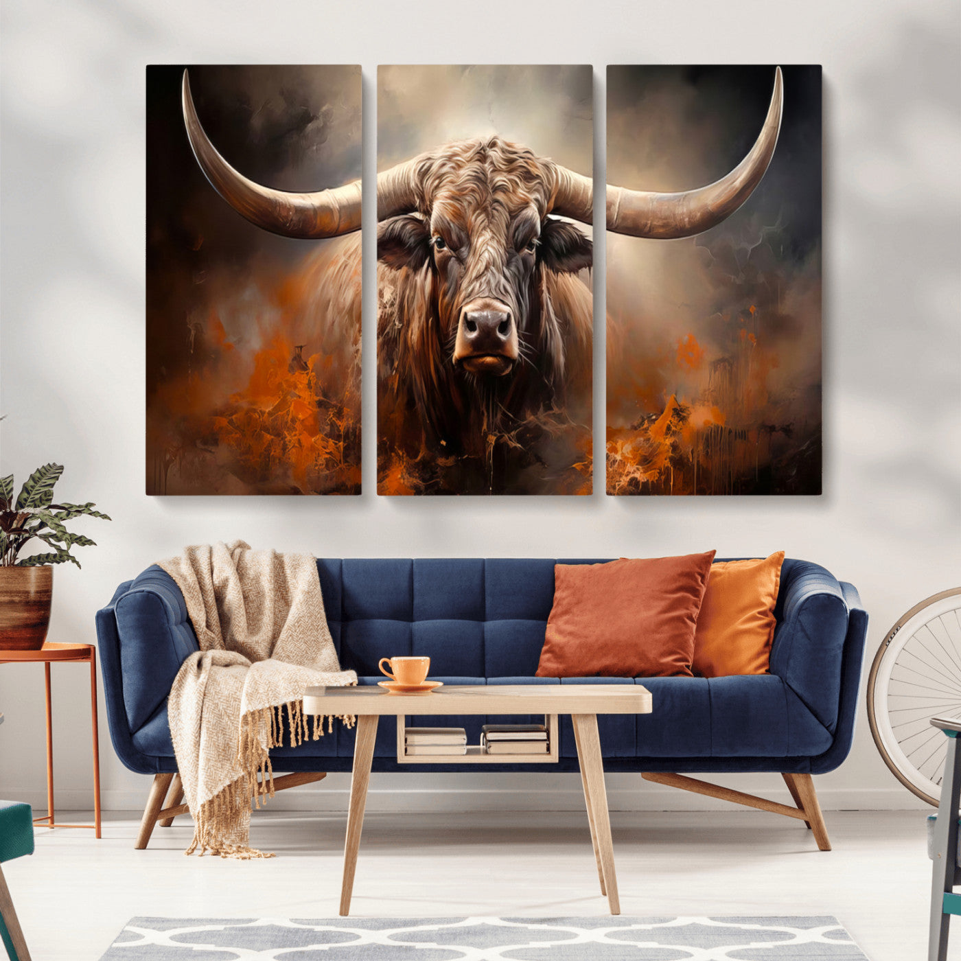 240479-MGV-CV-36X24-Longhorn Bull Wall Art – Dramatic Western Canvas Print Featuring Horned Bull with Fiery Background, Rustic Farmhouse Artwork for