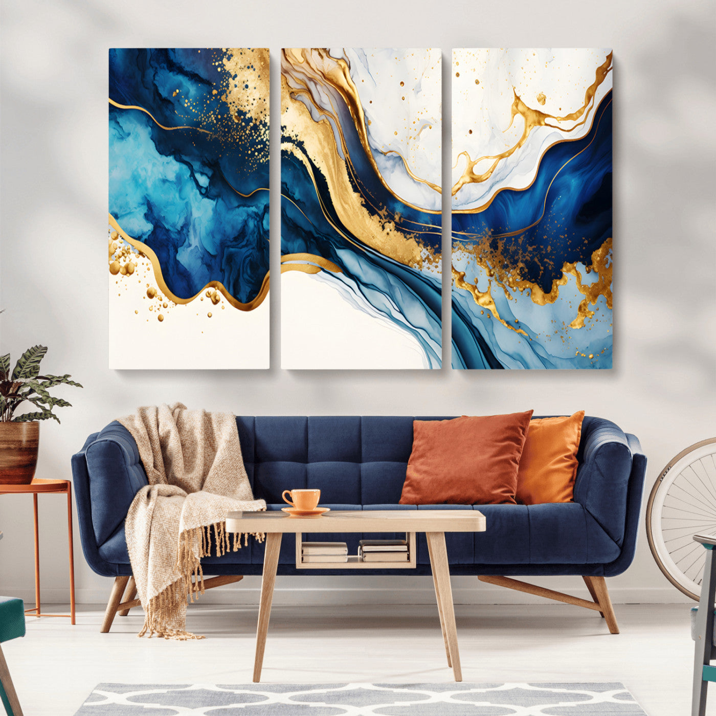 60283636-MGV-CV-36X24-Blue Gold Flow Wall Art Canvas Print, Framed Marble Texture Art Picture Print, Elegant Splash Perfect Elegant Abstract Decor