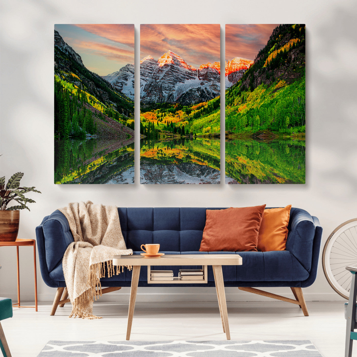 59533484-MGV-CV-36X24-Maroon Bells Autumn Wall Art – Panoramic Mountain Landscape Canvas Print, Sunset Reflection Nature Artwork for Living Room, Office
