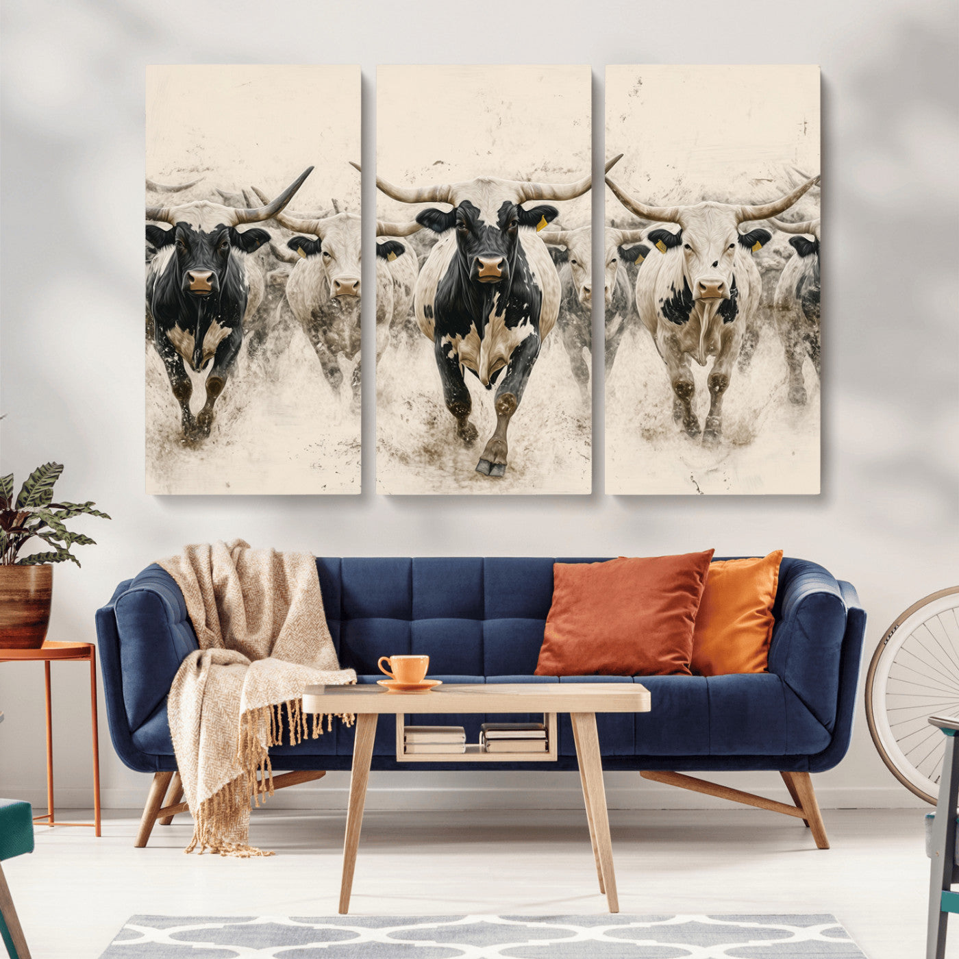 61538944-MGV-CV-36X24-Texas Longhorn Wall Art Canvas Print, Framed Cattles Walking Art Picture Print, Black White Bulls Perfect Rustic Western Decor