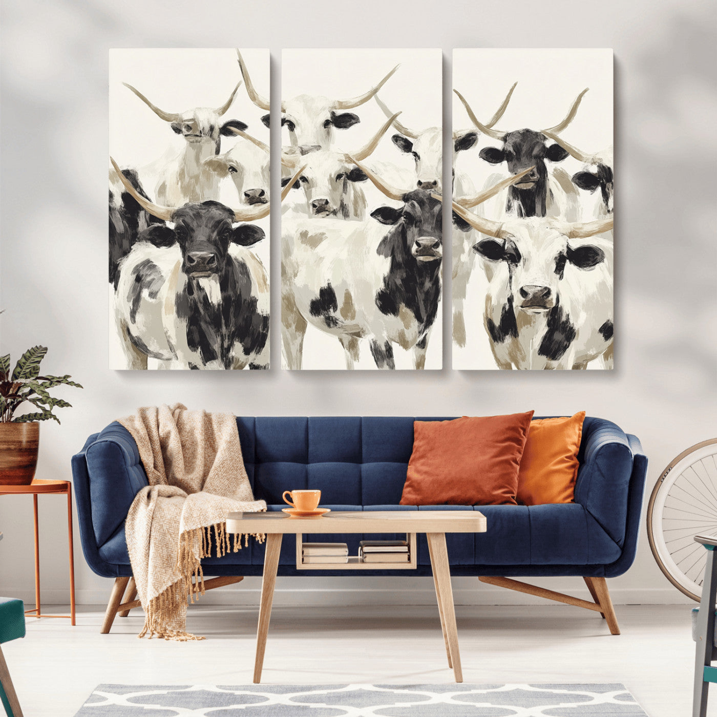52947970-MGV-CV-36X24-Texas Longhorn Wall Art Canvas Print, Framed Cattle Herd Art Picture Print, Herd Portrait Perfect Modern Farmhouse Decor Artwork