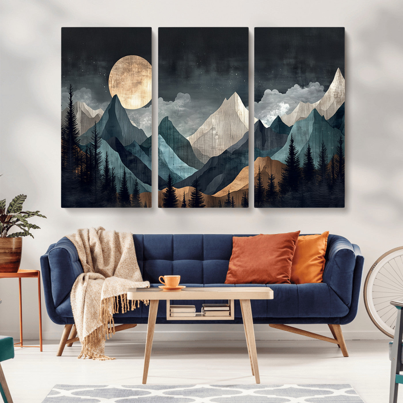 11060882-MGV-CV-36X24-Moonlit Mountains Wall Art Canvas Print, Framed Forest Silhouette Art Picture Print, Night Landscape Perfect Modern Forest Decor