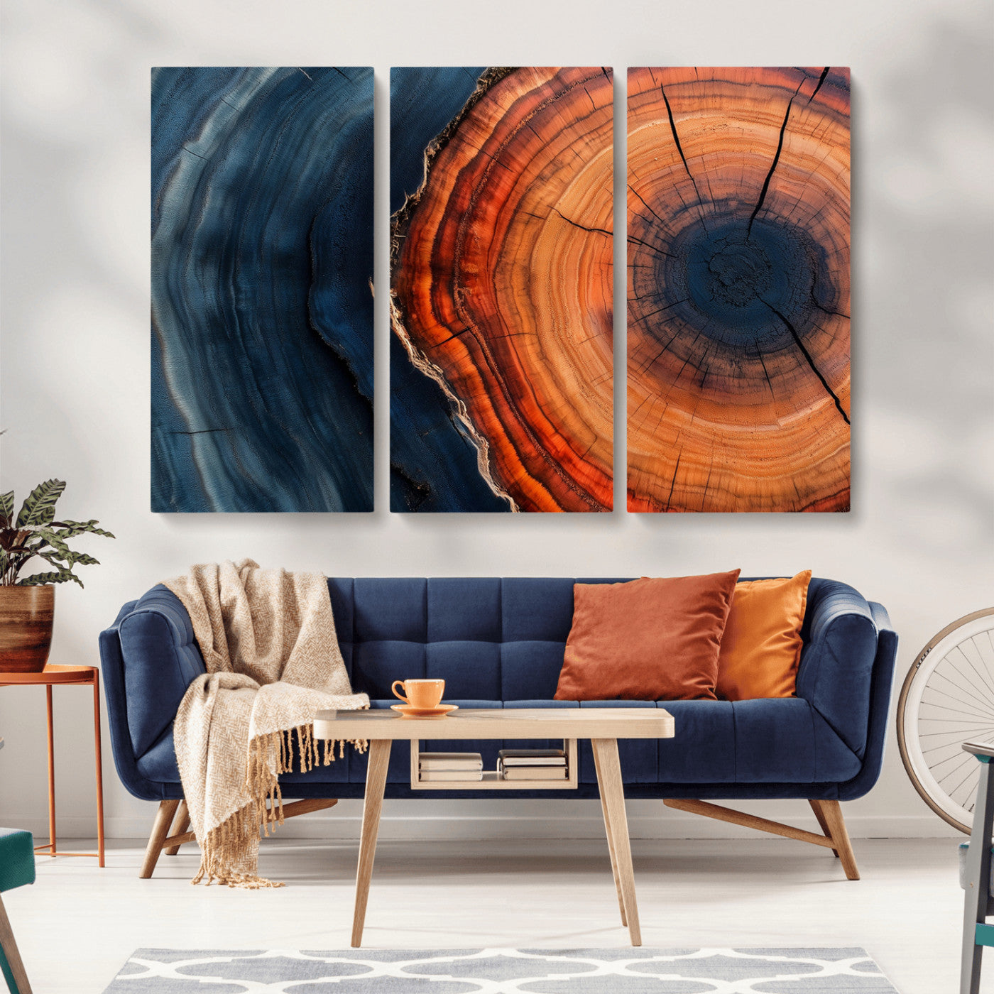 57732250-MGV-CV-36X24-Tree Ring Abstract Wall Art – Blue Orange Wood Grain Canvas Print, Modern Rustic Nature Artwork for Living Room, Office,