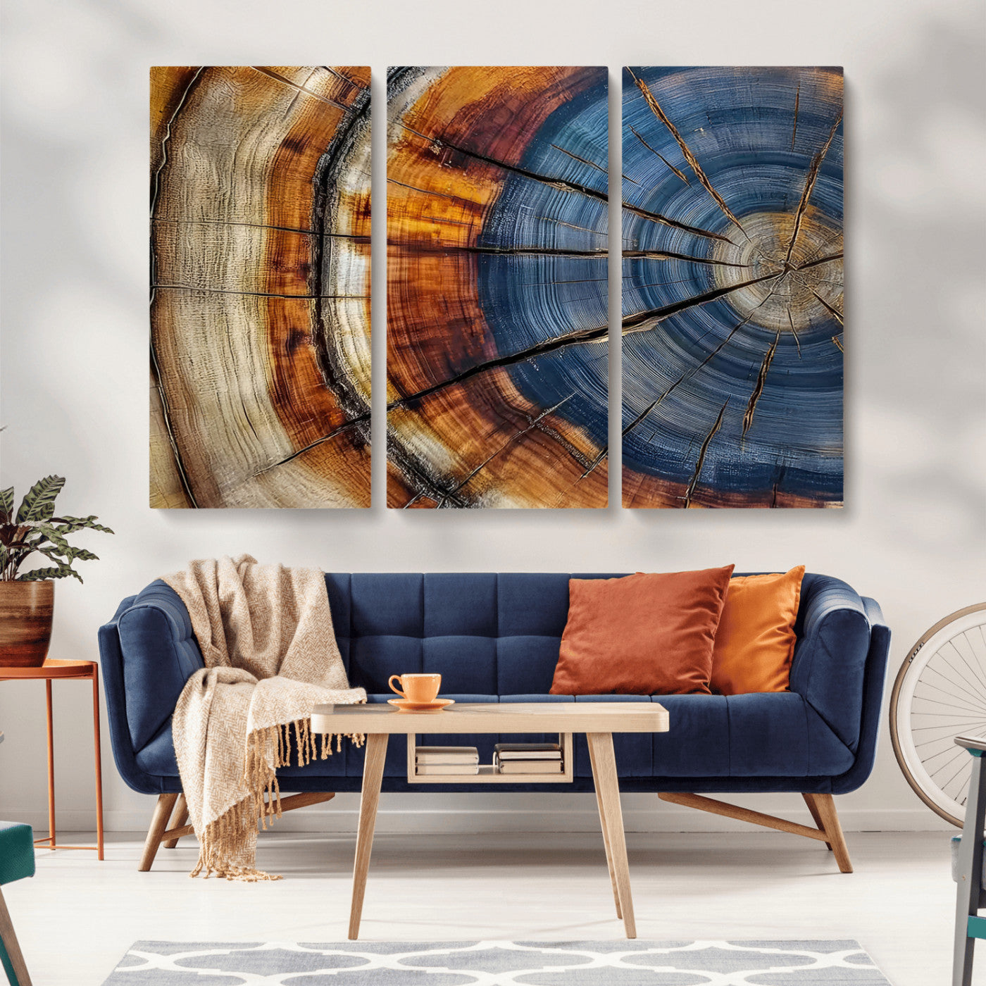 18032999-MGV-CV-36X24-Tree Ring Wall Art – Blue Brown Abstract Wood Slice Canvas Print, Rustic Modern Nature Decor for Living Room, Office, Bedroom or