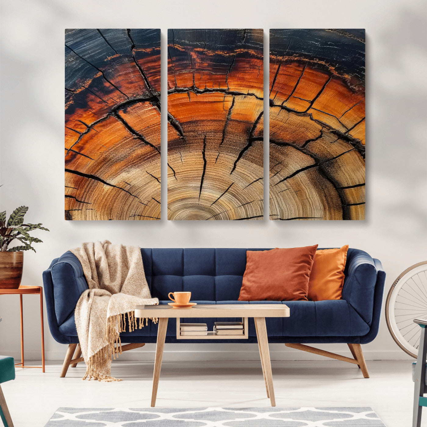 65909987-MGV-CV-48X32-3P-Rustic Tree Ring Wall Art – Nature Inspired Wooden Texture Canvas Print, Modern Abstract Artwork for Living Room, Bedroom, Office