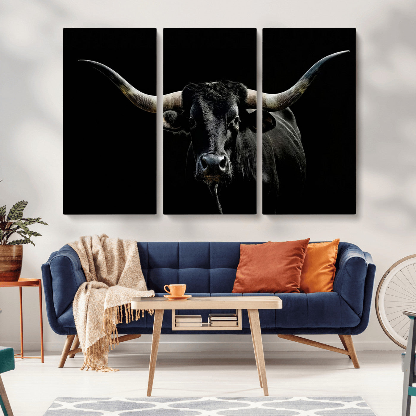 37531960-MGV-CV-36X24-Black Longhorn Bull Wall Art – Dramatic Western Cattle Canvas Print, Rustic Farmhouse Animal Artwork for Living Room, Bedroom,