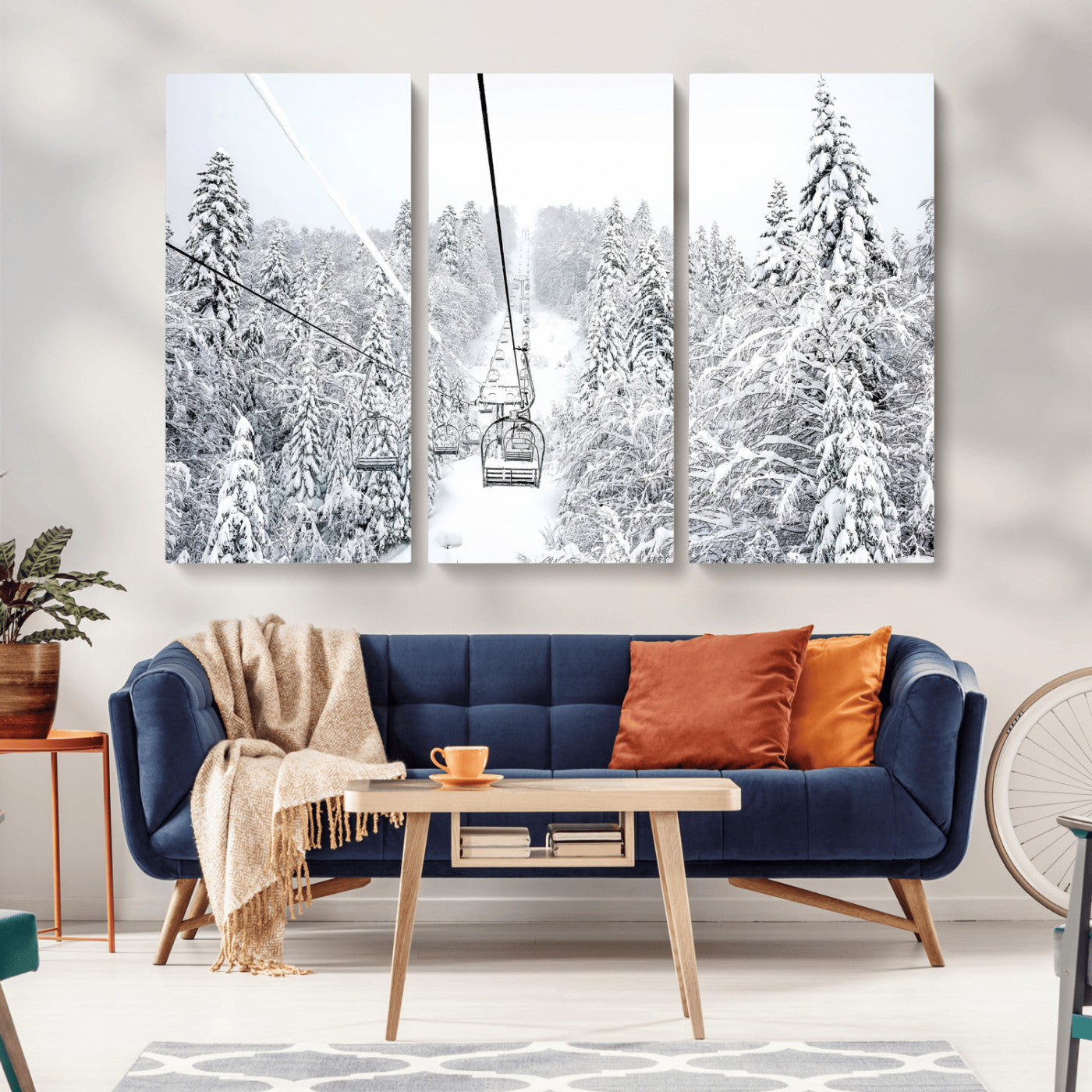 60296839-MGV-CV-36X24-Snowy Mountains Wall Art Canvas Print, Framed Ski Lift Art Picture Print, Winter Forest Perfect Winter Minimalist Decor Artwork