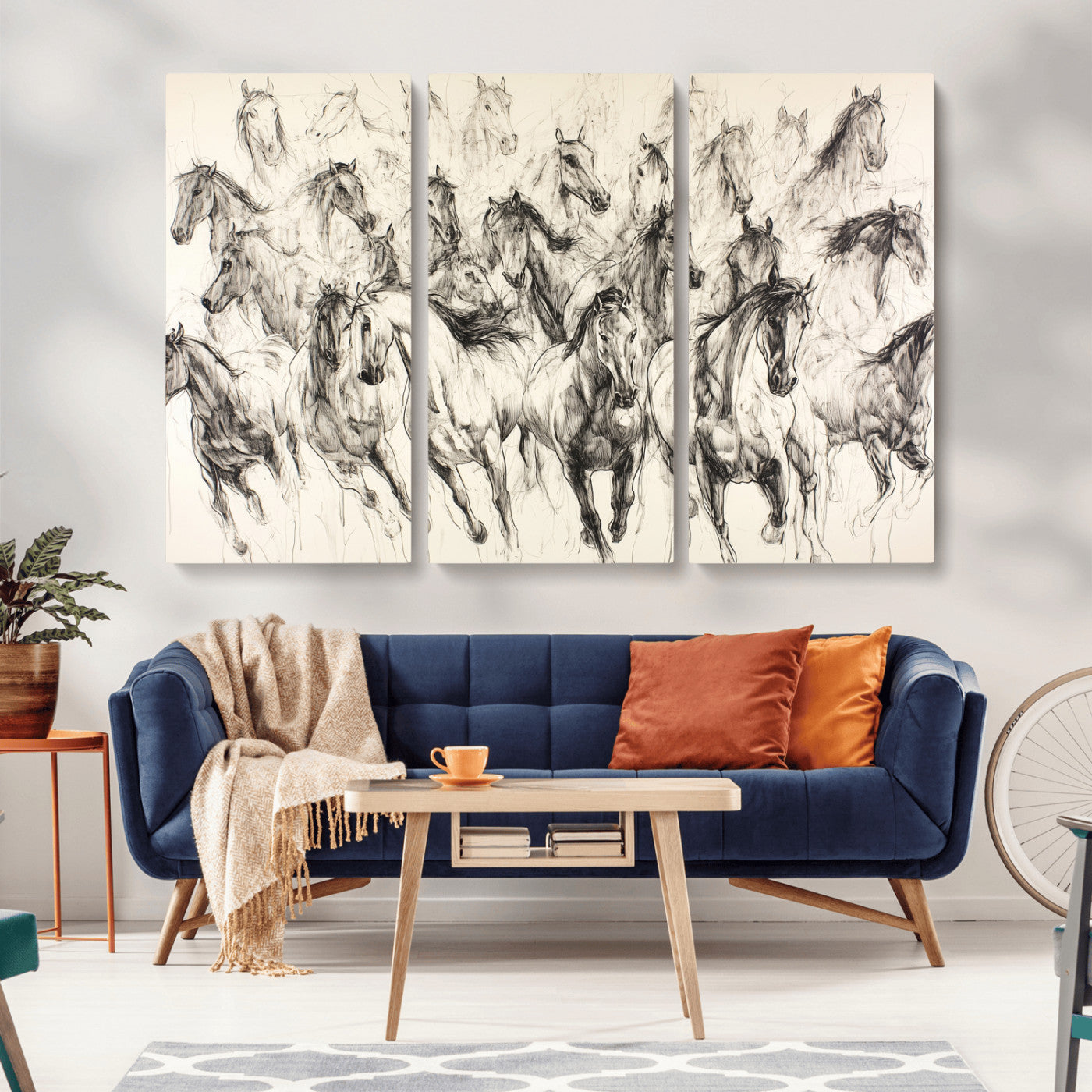 19433417-MGV-CV-36X24-Running Horses Wall Art Canvas Print, Framed Horse Sketch Art Picture Print, Galloping Herd Perfect Monochrome Western Decor