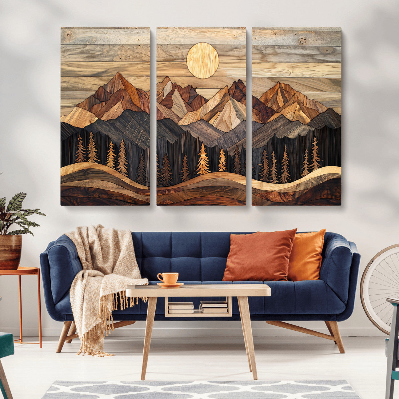 50100230-MGV-CV-36X24-Wooden Mountain Wall Art – Rustic Nature Landscape Canvas Print, Handmade Style Sun, Forest, and Peaks Artwork for Living Room,