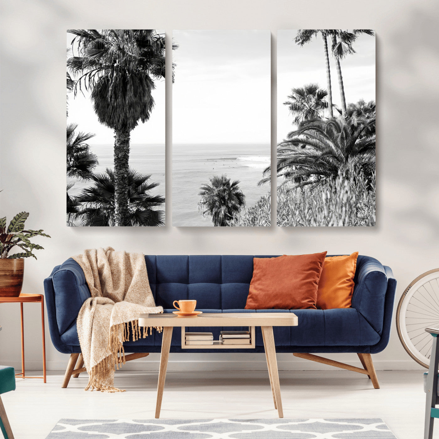 89458520-MGV-CV-36X24-Palm Trees Wall Art Canvas Print, Framed Coastal View Art Picture Print, Ocean Horizon Perfect Monochrome Coast Decor Artwork