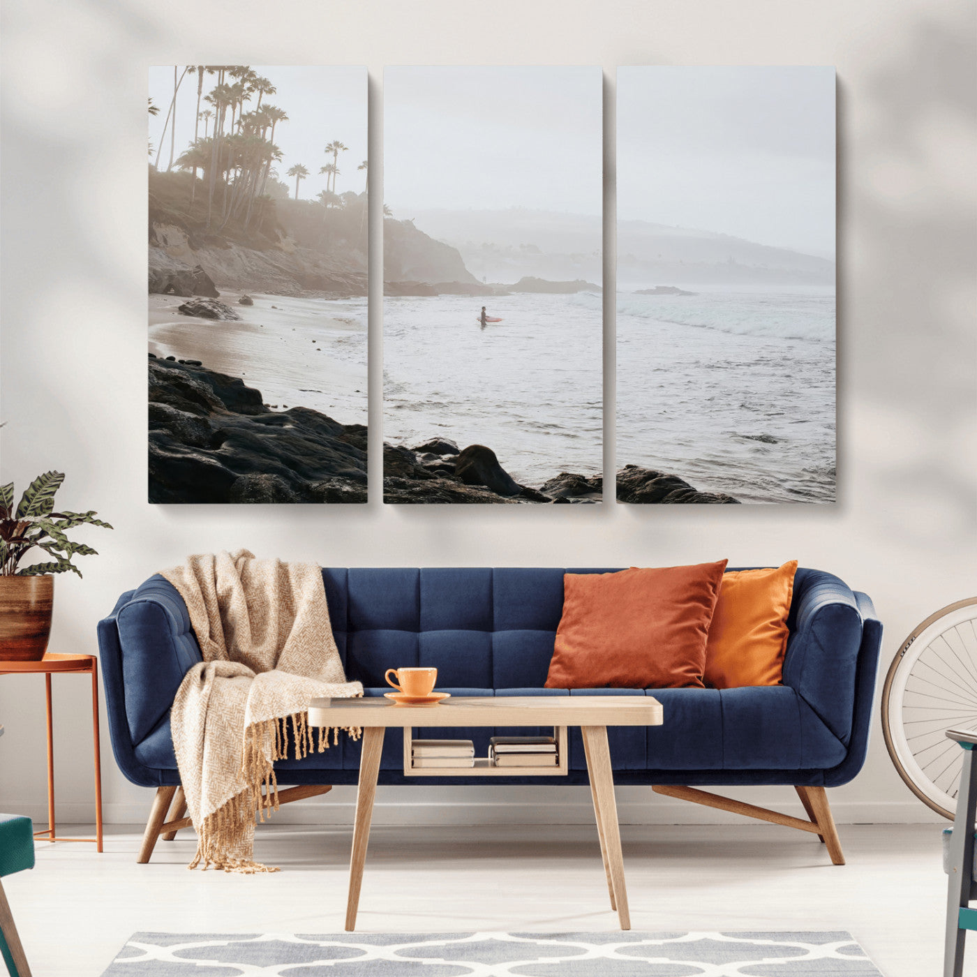 62501405-MGV-CV-36X24-Misty Beach Wall Art Canvas Print, Framed California Surfer Art Picture Print, Coastal Cliff Perfect Coastal Beach Decor Artwork