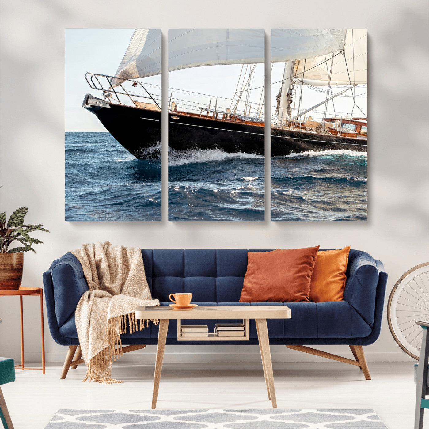 97168626-MGV-CV-36X24-Sailing Yacht Wall Art Canvas Print, Framed Wooden Yacht Art Picture Print, Ocean Waves Perfect Nautical Coastal Decor Artwork