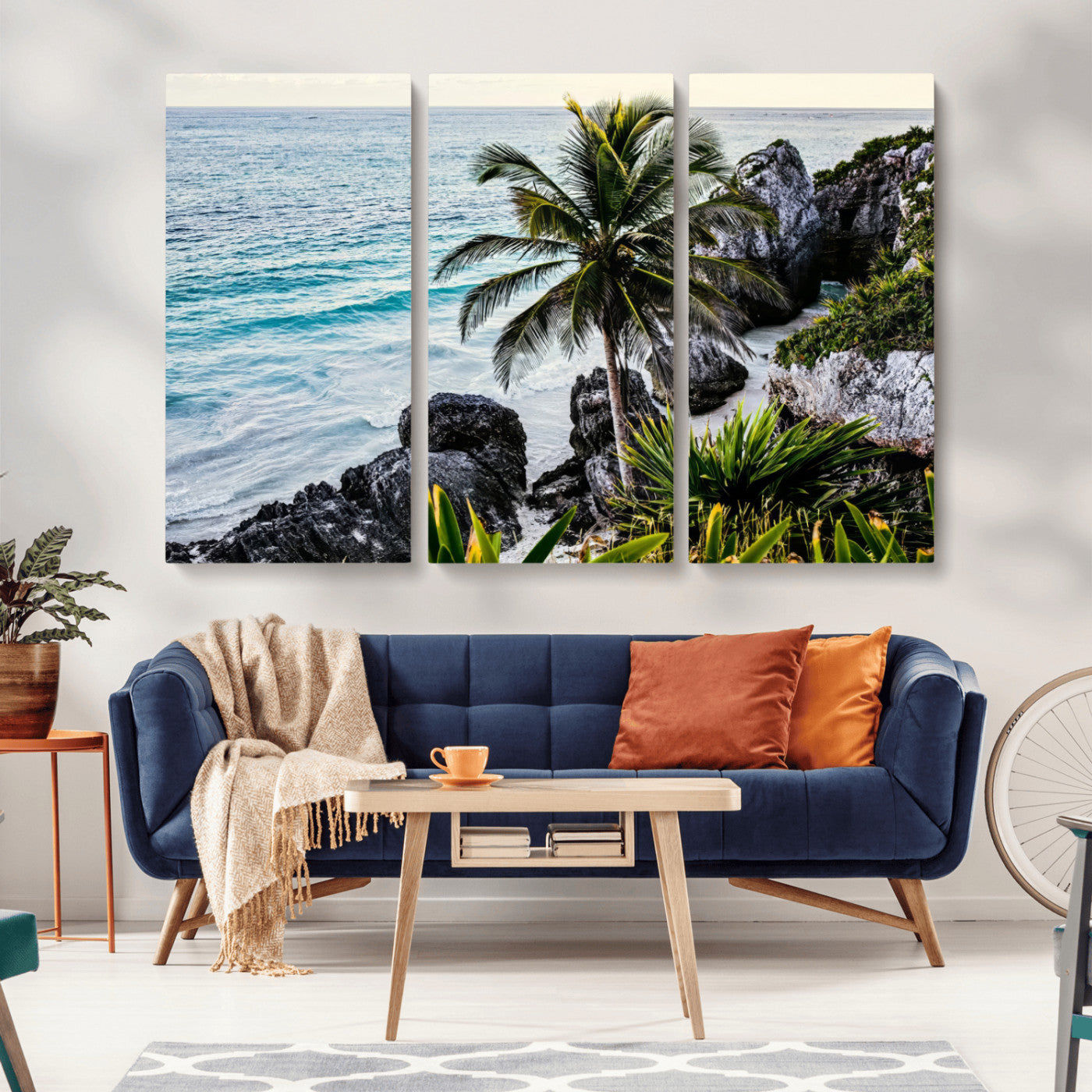 94669907-MGV-CV-36X24-Tropical Coastline Wall Art Canvas Print, Framed Palm Tree Art Picture Print, Rocky Beach Perfect Tropical Coastal Decor Artwork