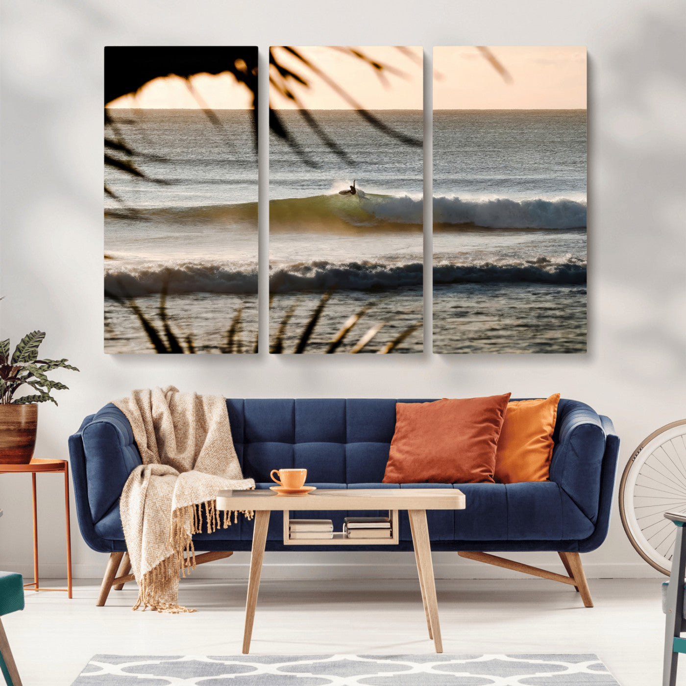 24896468-MGV-CV-36X24-Sunset Surf Wall Art Canvas Print, Framed Golden Waves Art Picture Print, Tropical Ocean Perfect Tropical Boho Decor Artwork