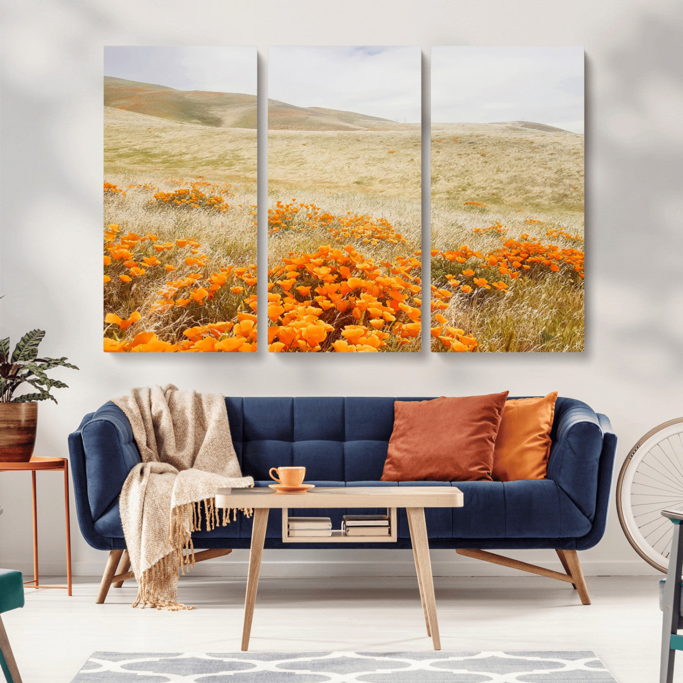 28972262-MGV-CV-36X24-Golden Wildflowers Wall Art Canvas Print, Framed Hills Bloom Art Picture Print, Poppy Meadow Perfect Rustic Nature Decor Artwork