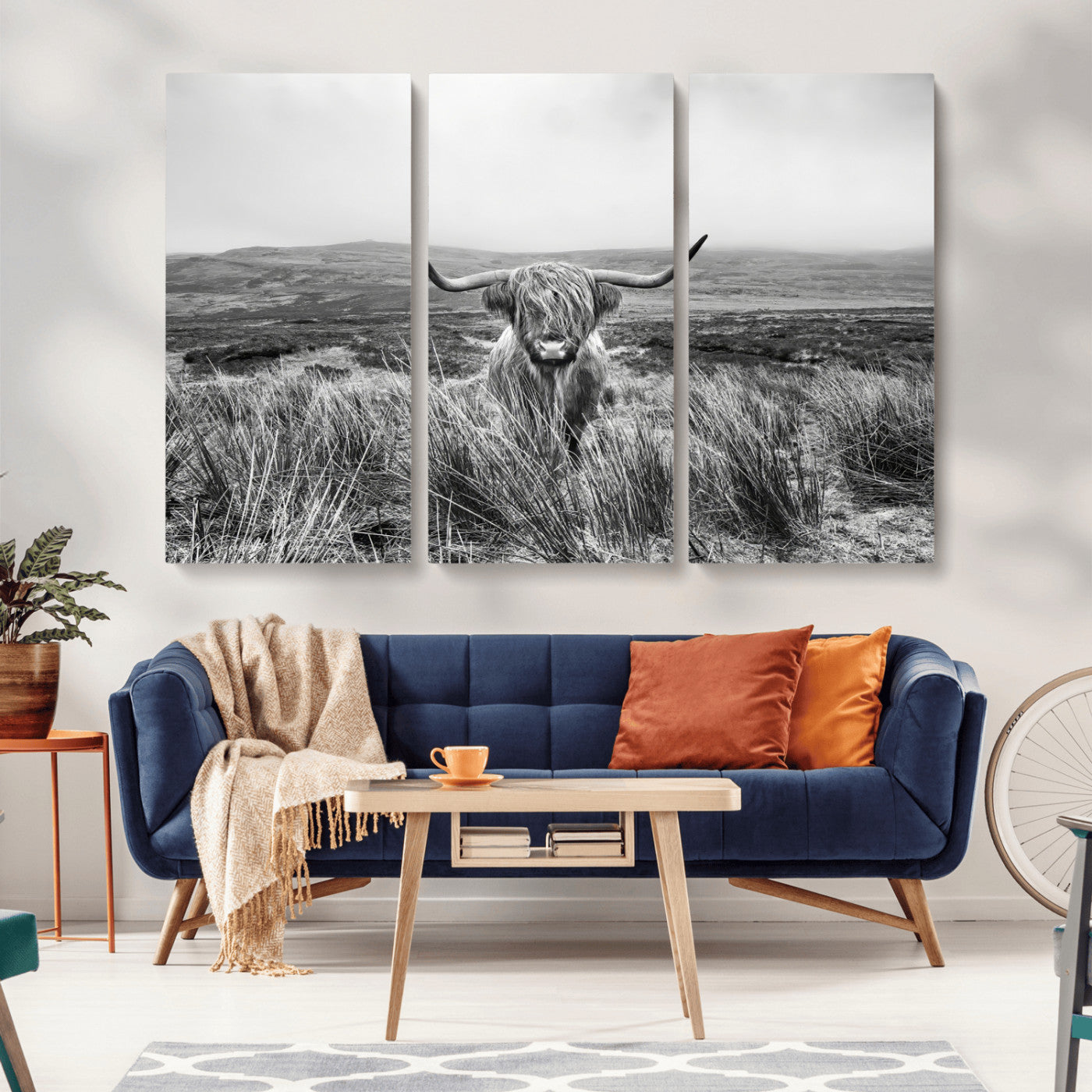 24051061-MGV-CV-36X24-Monochrome Highland Cow Wall Art Canvas Print, Framed Scottish Bull Art Picture Print, Lone Cattle Perfect Rustic Farmhouse Decor