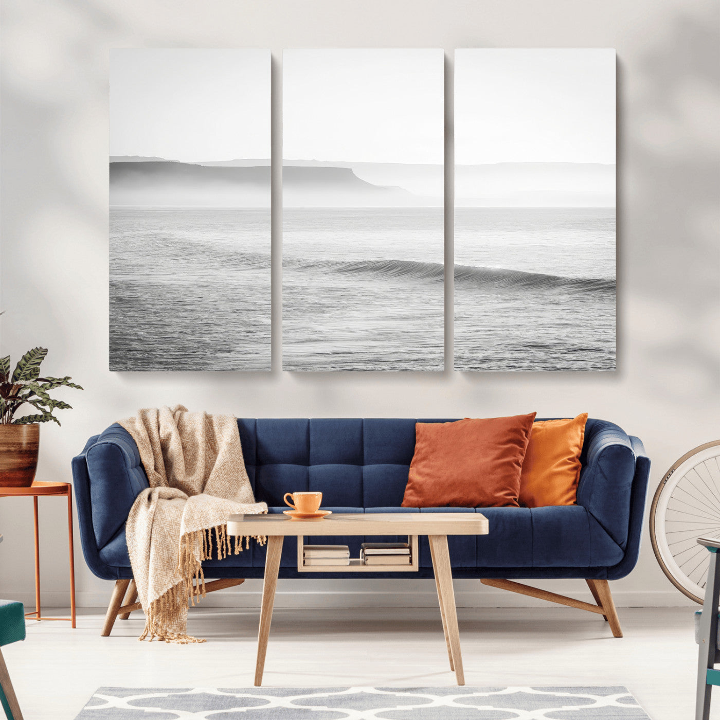60635783-MGV-CV-36X24-Black White Seascape Wall Art Canvas Print, Framed Ocean Waves Art Picture Print, Misty Coastal Perfect Minimalist Coastal Decor
