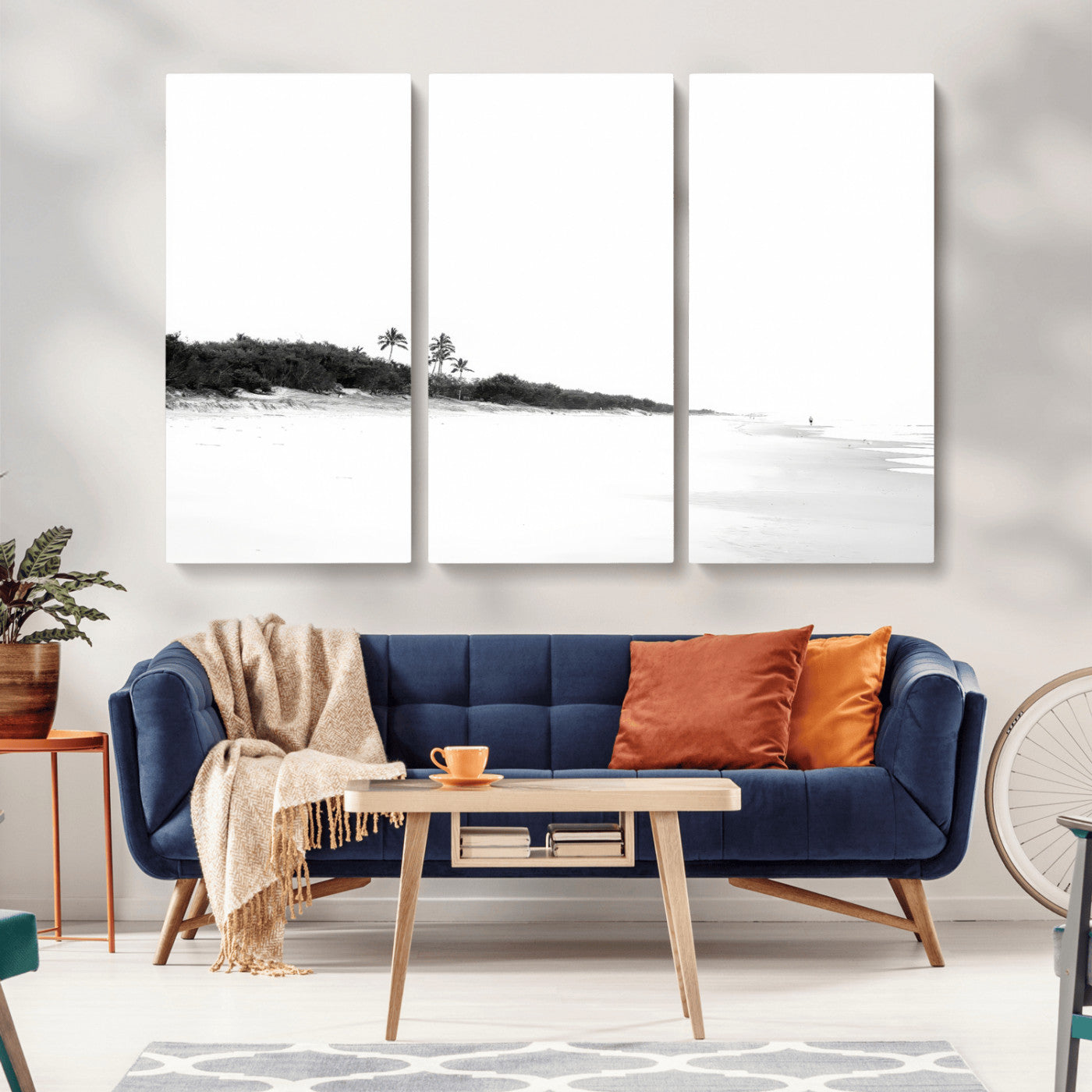 29611516-MGV-CV-36X24-Black White Beach Wall Art Canvas Print, Framed Palm Trees Art Picture Print, Monochrome Tropical Perfect Minimalist Coastal Decor