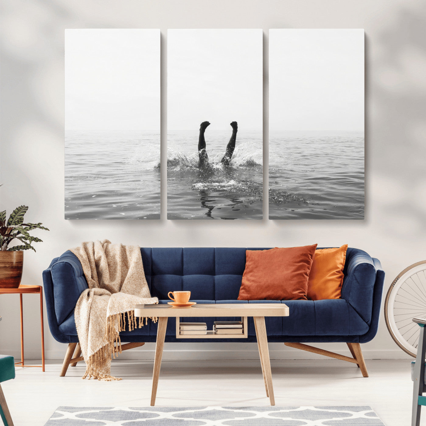 26667396-MGV-CV-36X24-Black White Ocean Wall Art Canvas Print, Framed Monochrome Water Art Picture Print, Diving into Water Perfect Minimalist Aquatic