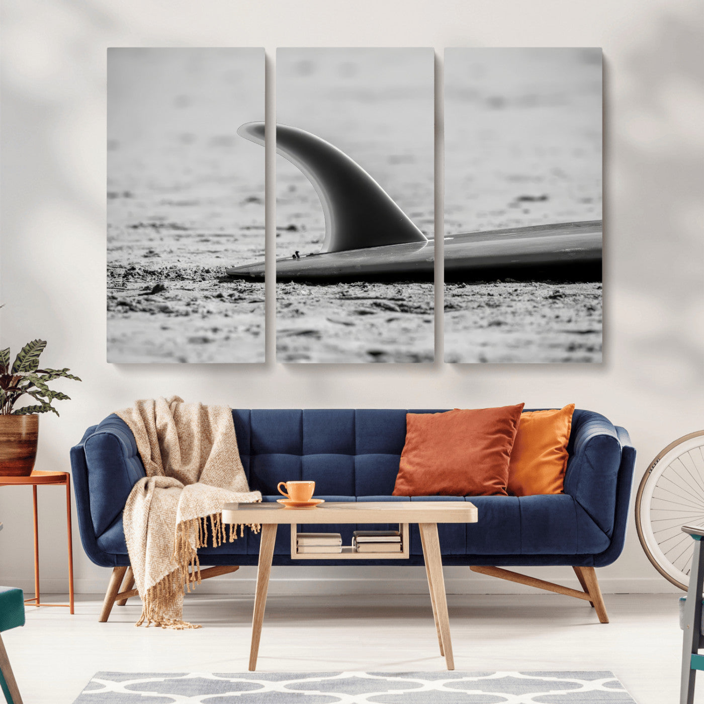 62314230-MGV-CV-36X24-Black White Surfboard Wall Art Canvas Print, Framed Minimalist Beach Art Picture Print, Surf Fin Perfect Minimalist Coastal Decor