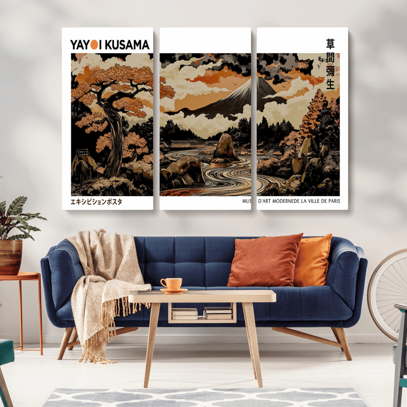 96372548-MGV-CV-36X24-Japanese Landscape Wall Art Print – Mt. Fuji Poster with Bonsai Tree & River, Ukiyo-e Inspired Modern Japanese Artwork, Autumn