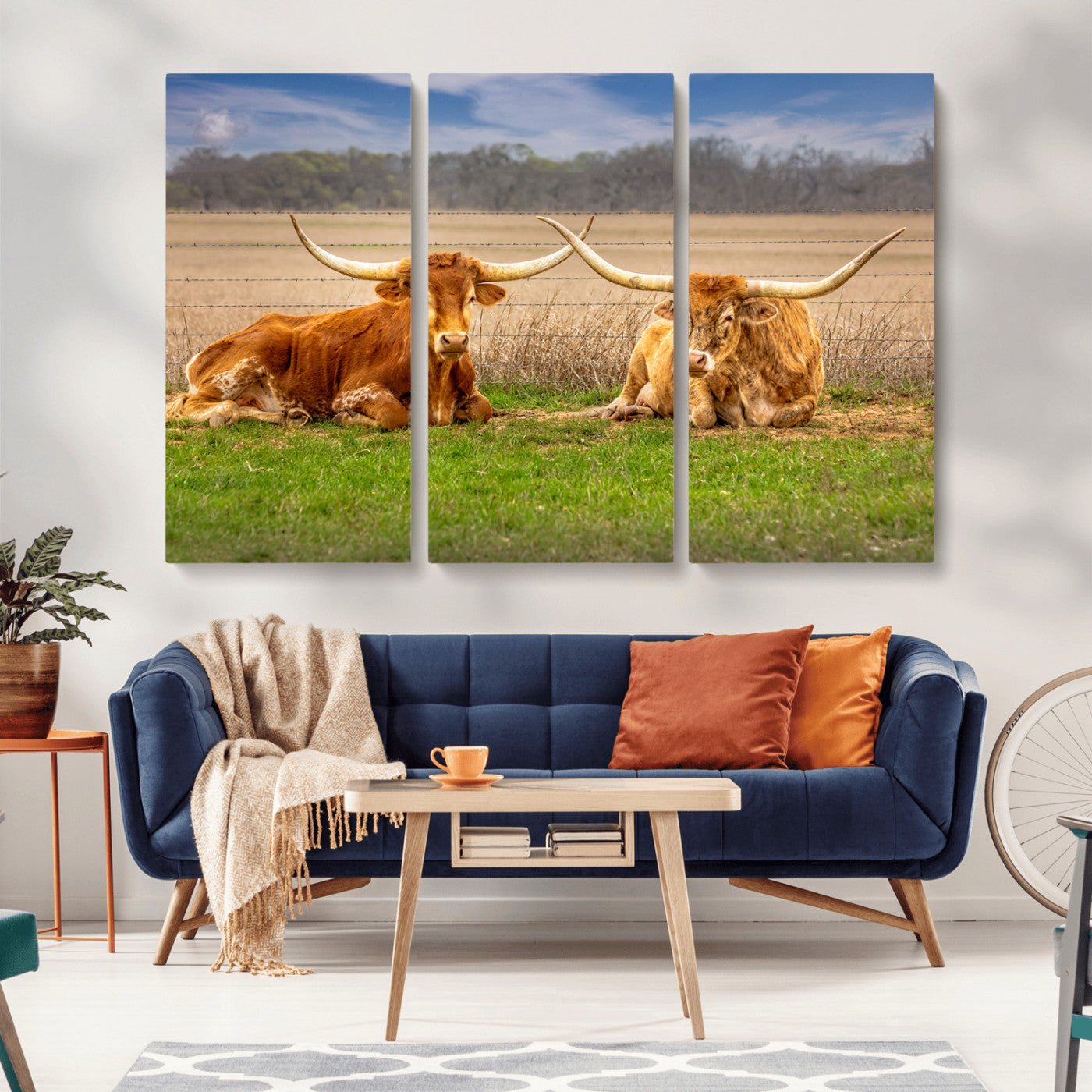 97244565-MGV-CV-36X24-Longhorn Duo Wall Art Canvas Print, Framed Cozy Ranch Vibes Art Picture Print, Western Ranch Decor Perfect Rustic Farmhouse Decor