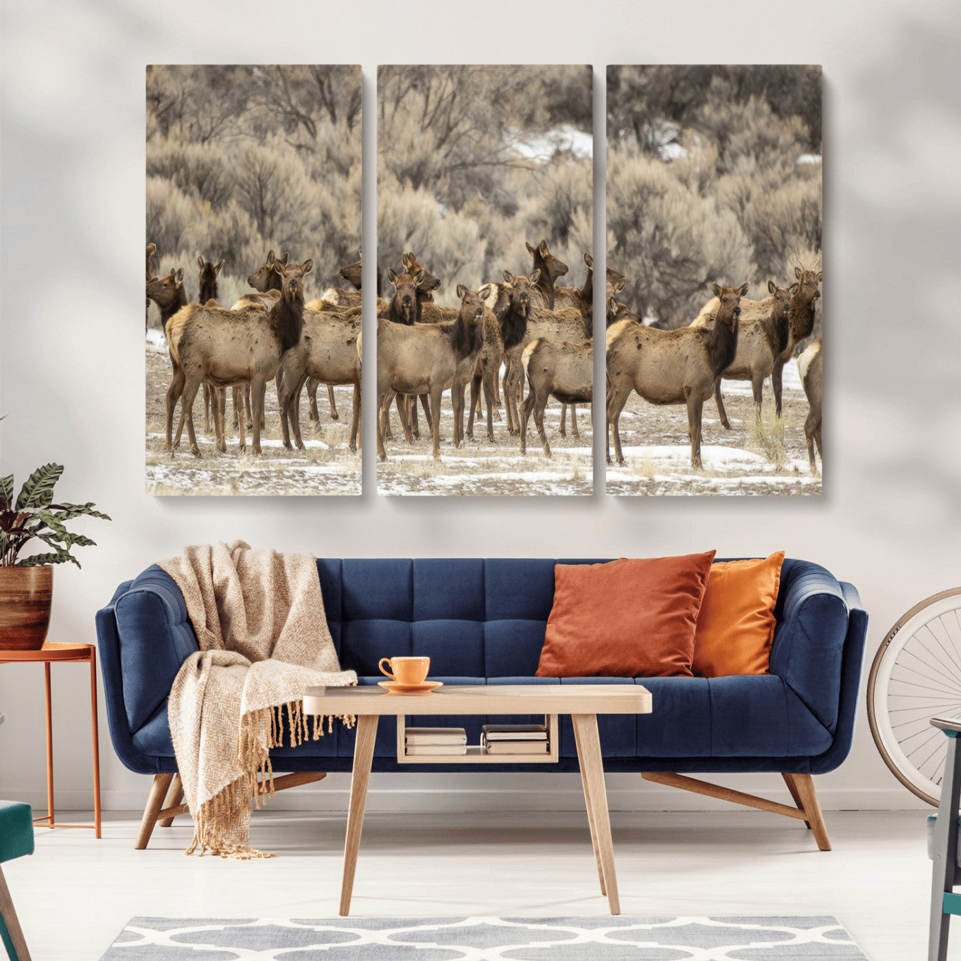 90269422-MGV-CV-36X24-Elk Herd Scene Wall Art Canvas Print, Framed Rustic Wildlife Decor Art Picture Print, Western Cabin Style Perfect Rustic Lodge