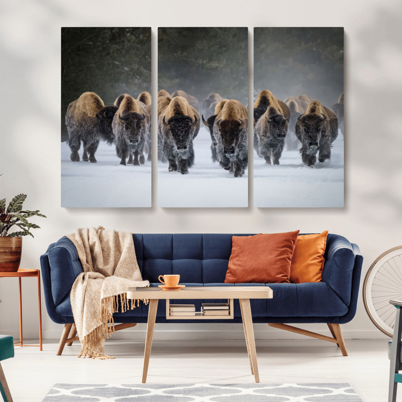 41669135-MGV-CV-36X24-Bison Herd Scene Wall Art Canvas Print, Framed Rustic Wildlife Decor Art Picture Print, Snowy Bison Landscape Perfect Rustic