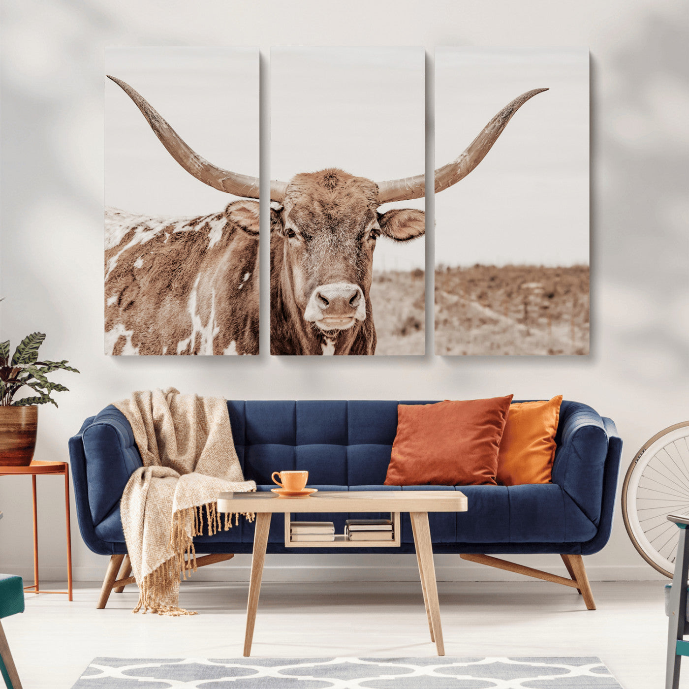 77810049-MGV-CV-36X24-Longhorn Bull Photo Wall Art Canvas Print, Framed Rustic Cow Decor Art Picture Print, Neutral Farmhouse Style Perfect Rustic