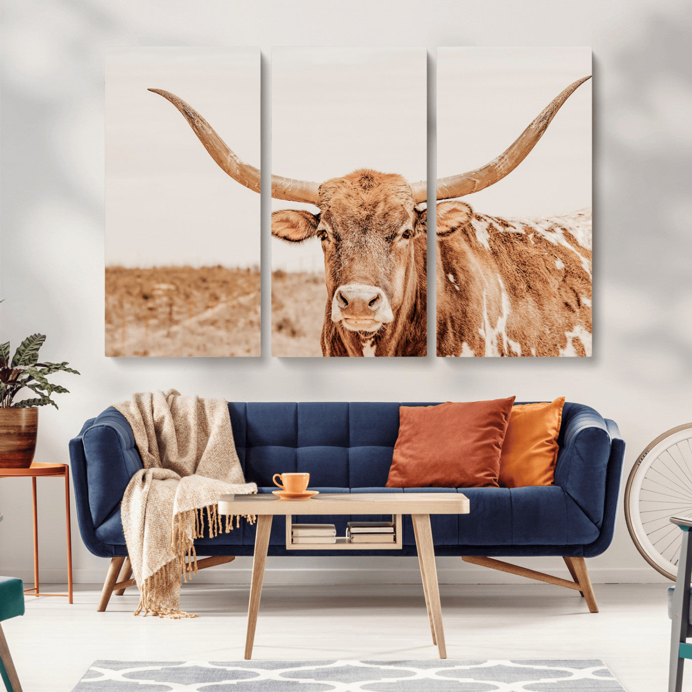 74406977-MGV-CV-36X24-Longhorn Bull Decor Wall Art Canvas Print, Framed Western Cow Theme Art Picture Print, Rustic Farmhouse Wall Perfect Neutral