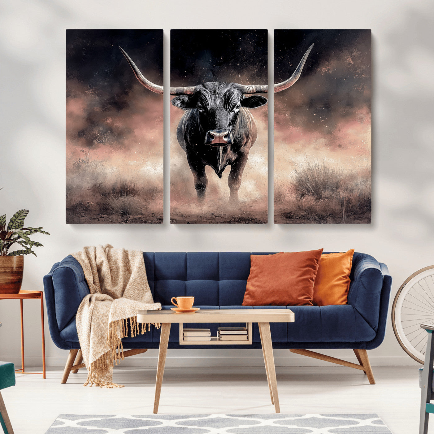 71457818-MGV-CV-36X24-Longhorn Wall Art Wall Art Canvas Print, Framed Western Bull Canvas Art Picture Print, Rustic Cow Decor Perfect Western Dramatic