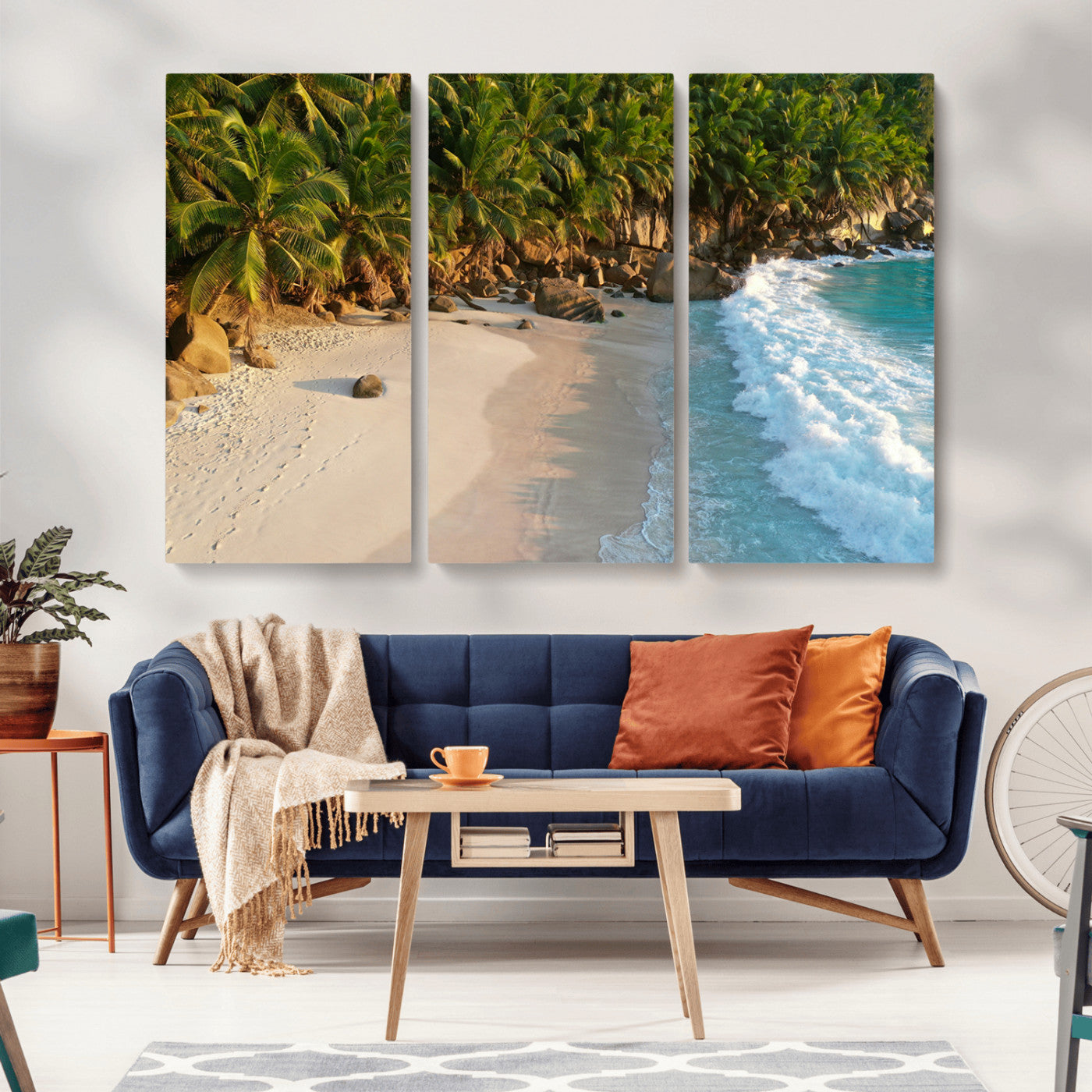 82312665-MGV-CV-36X24-Tropical Beach Wall Art Canvas Print, Framed Ocean Waves Art Picture Print, Palm Trees Perfect Coastal Minimalist Decor Artwork
