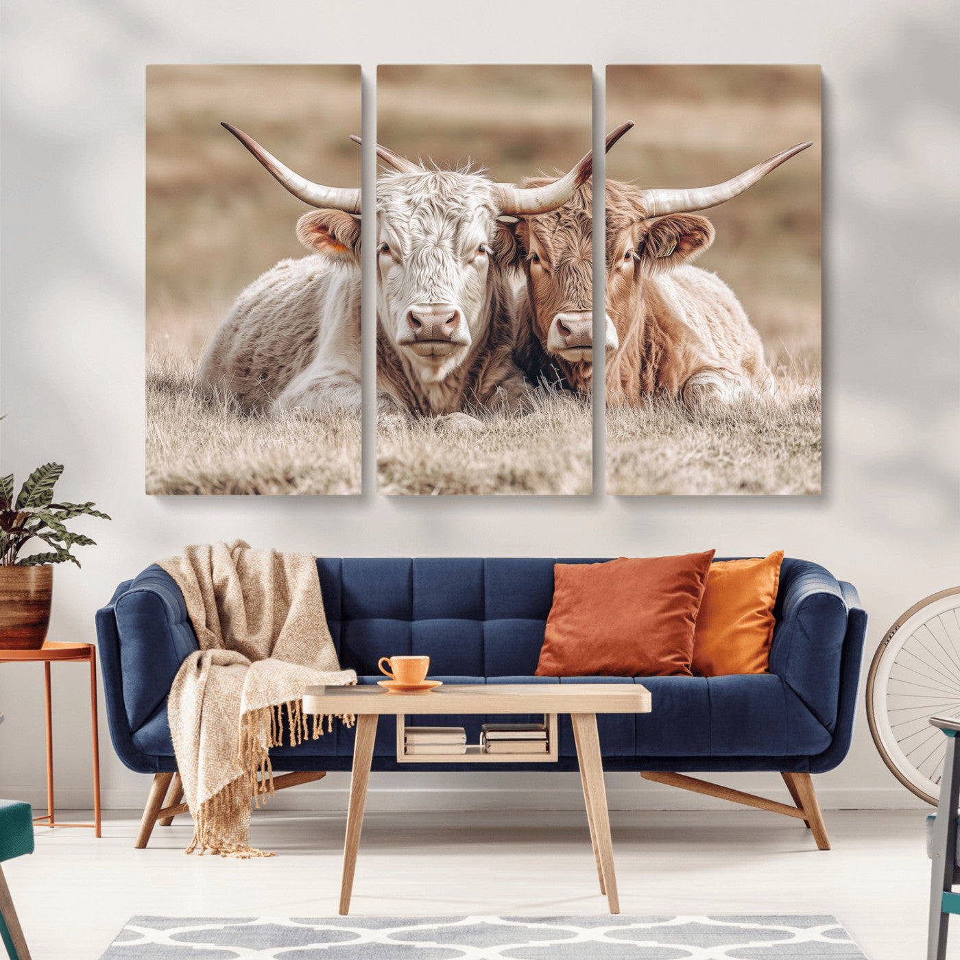 38651722-MGV-CV-36X24-Cow Wall Art – Rustic Longhorn Pair Canvas Print, Western Farmhouse Animal Painting, Country Ranch Decor for Living Room, Bedroom,