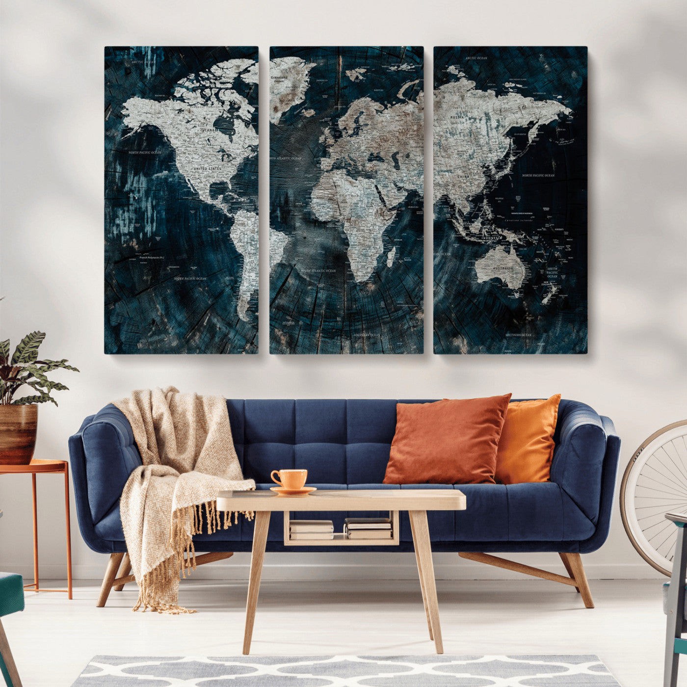 34425609-MGV-CV-36X24-World Map Wall Art – Rustic Navy and Grey Atlas Canvas Print, Distressed Explorer Map Artwork, Industrial Style Decor for Office,
