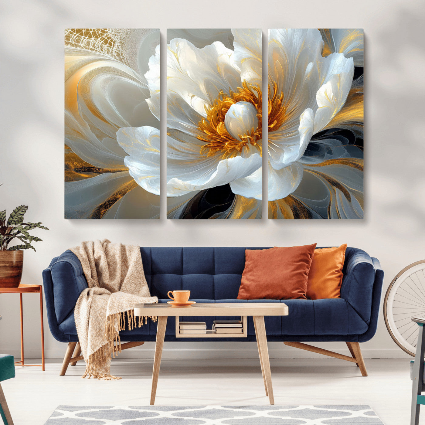 39604126-MGV-CV-36X24-Abstract Flower Wall Art – Elegant White and Gold Bloom Canvas Print, Modern Floral Artwork for Bedroom, Living Room, or Office
