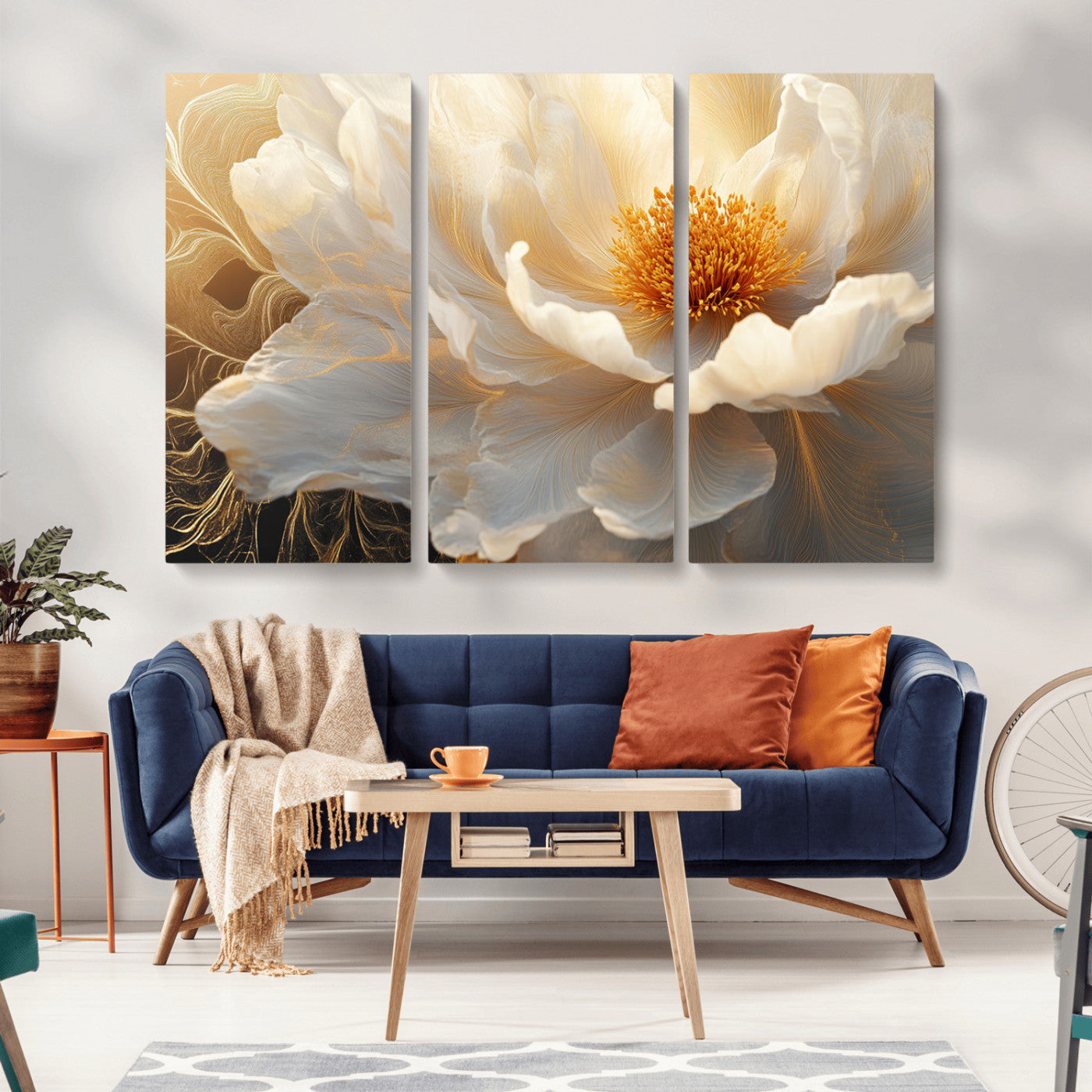 29539087-MGV-CV-36X24-Floral Wall Art – Elegant White and Gold Bloom Canvas Print, Romantic Modern Flower Artwork for Bedroom, Living Room, or Office