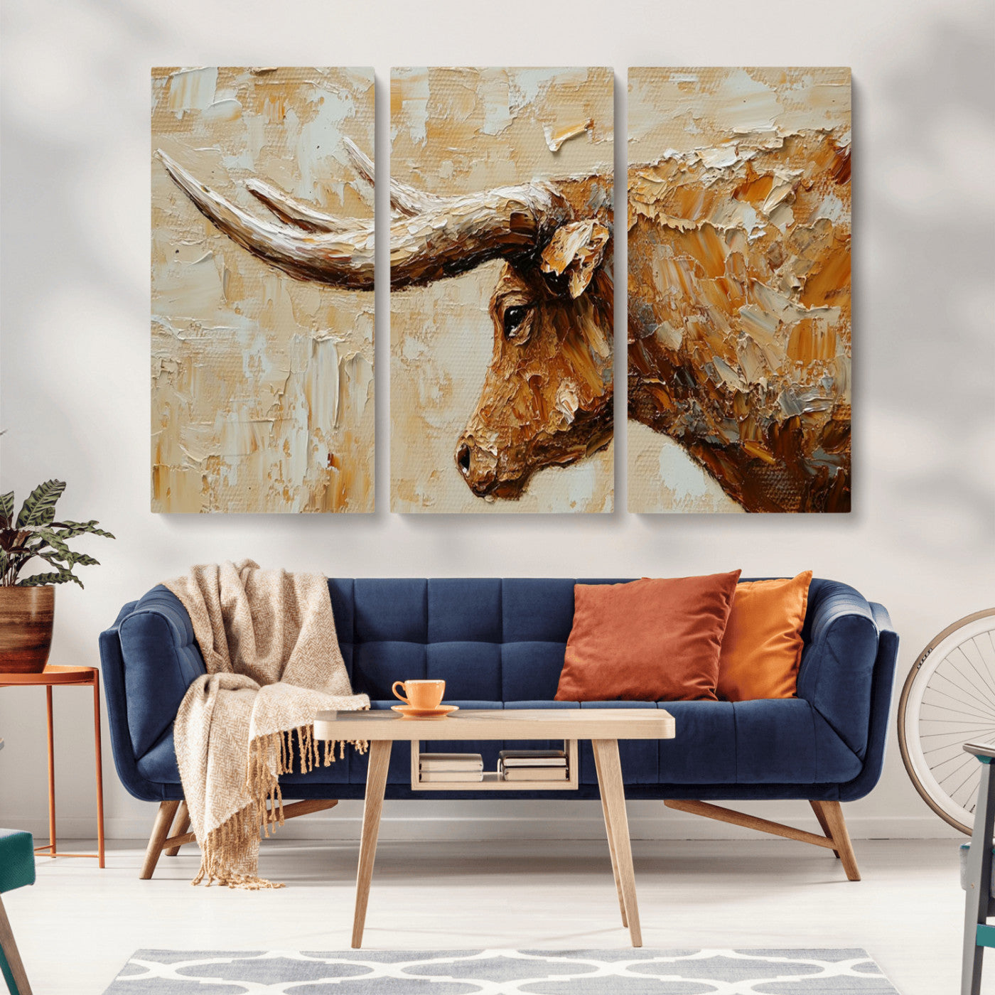 69611428-MGV-CV-48X32-3P-Longhorn Bull Wall Art – Rustic Western Canvas Print, Textured Farmhouse Cattle Painting for Living Room, Office, or Ranch House