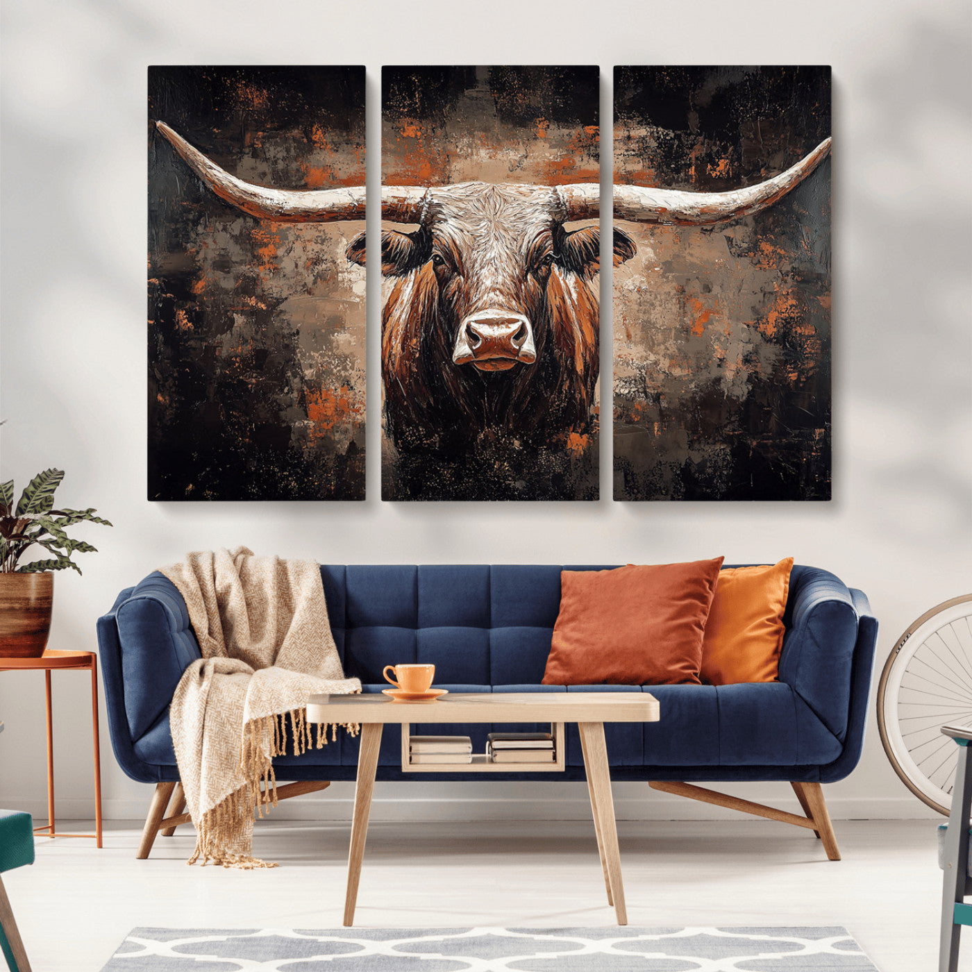 24779067-MGV-CV-48X32-3P-Longhorn Bull Wall Art – Western Rustic Canvas Print, Bold Cowboy Cattle Painting for Ranch House, Farmhouse, Office, or Living