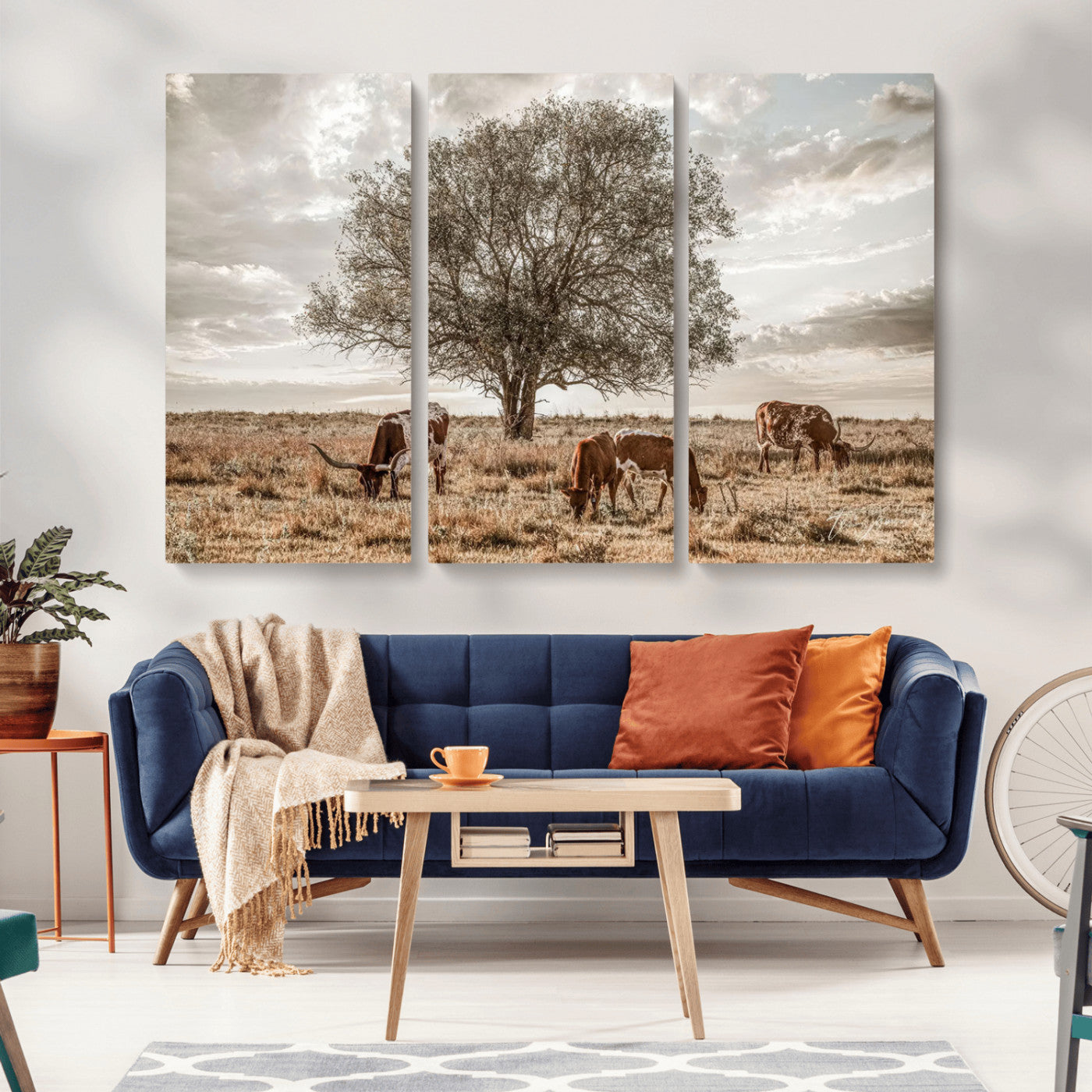 87590224-MGV-CV-36X24-Longhorn Cattle Wall Art – Rustic Western Landscape Canvas Print, Texas Farmhouse Prairie Scene for Living Room, Office, or Ranch