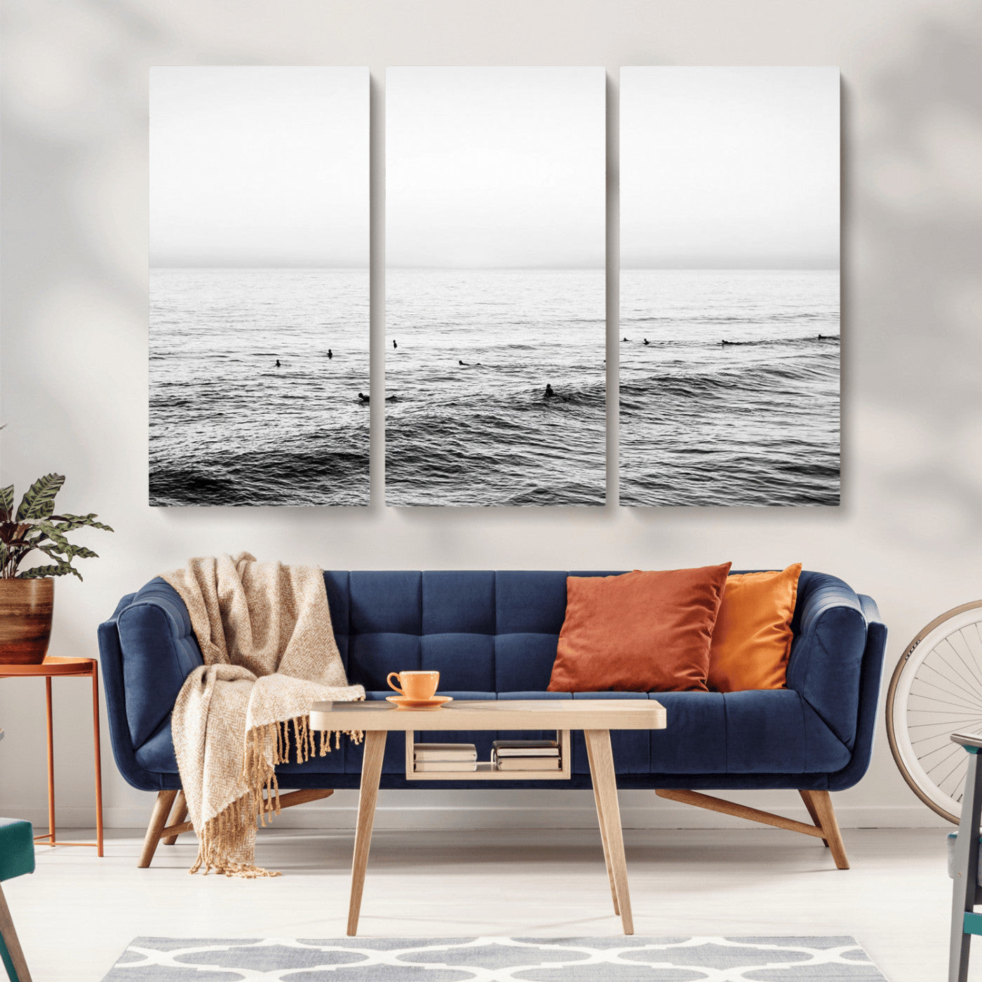 47208268-MGV-CV-36X24-Surfer Ocean Wall Art – Black and White Coastal Canvas Print, Minimalist Surfing Seascape Decor for Living Room, Bedroom, or Beach