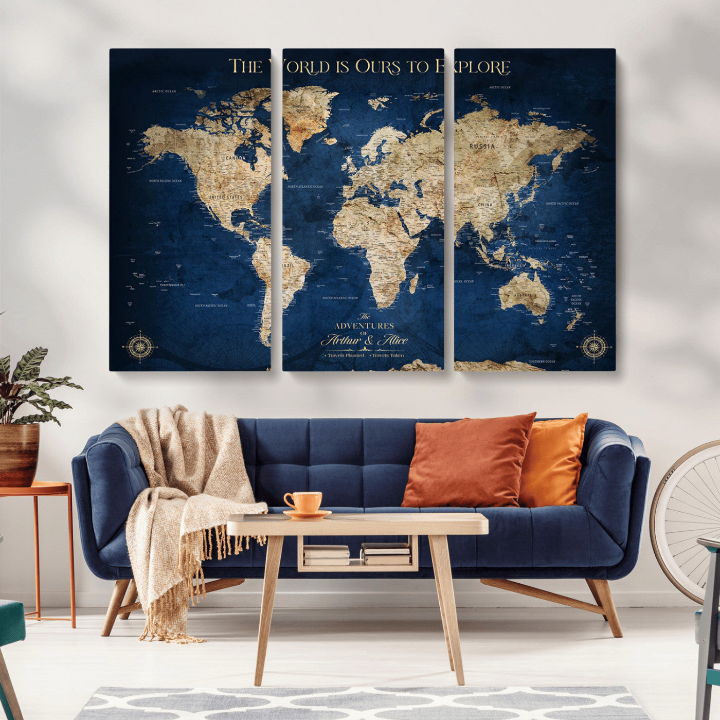 54782997-MGV-CV-36X24-The World is Ours to Explore Wall Art – Blue World Map Canvas Print, Adventure Travel Decor for Home, Office or Living Room,