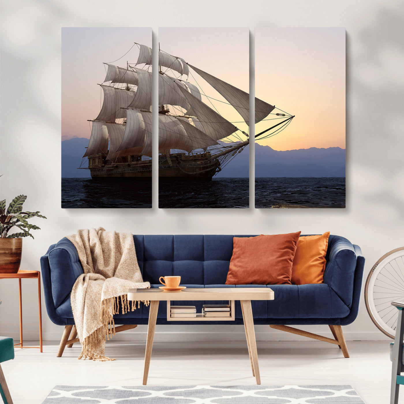 31270610-MGV-CV-36X24-Sailing Ship Wall Art – Sunset Seascape Canvas Print with Tall Ship at Sea, Nautical Ocean Decor for Living Room, Office, or