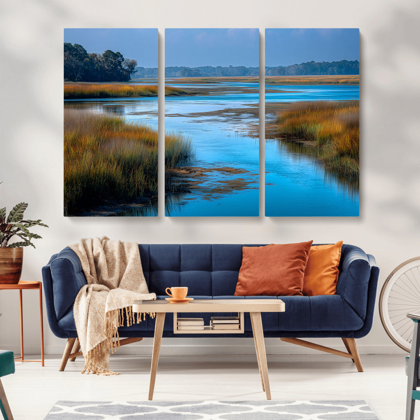 26300004-MGV-CV-36X24-Tranquil Marshland Canvas Wall Art – Blue Water, Reflective Sky, Golden Grasses, Calm Nature Landscape, Scenic Outdoor Beauty for