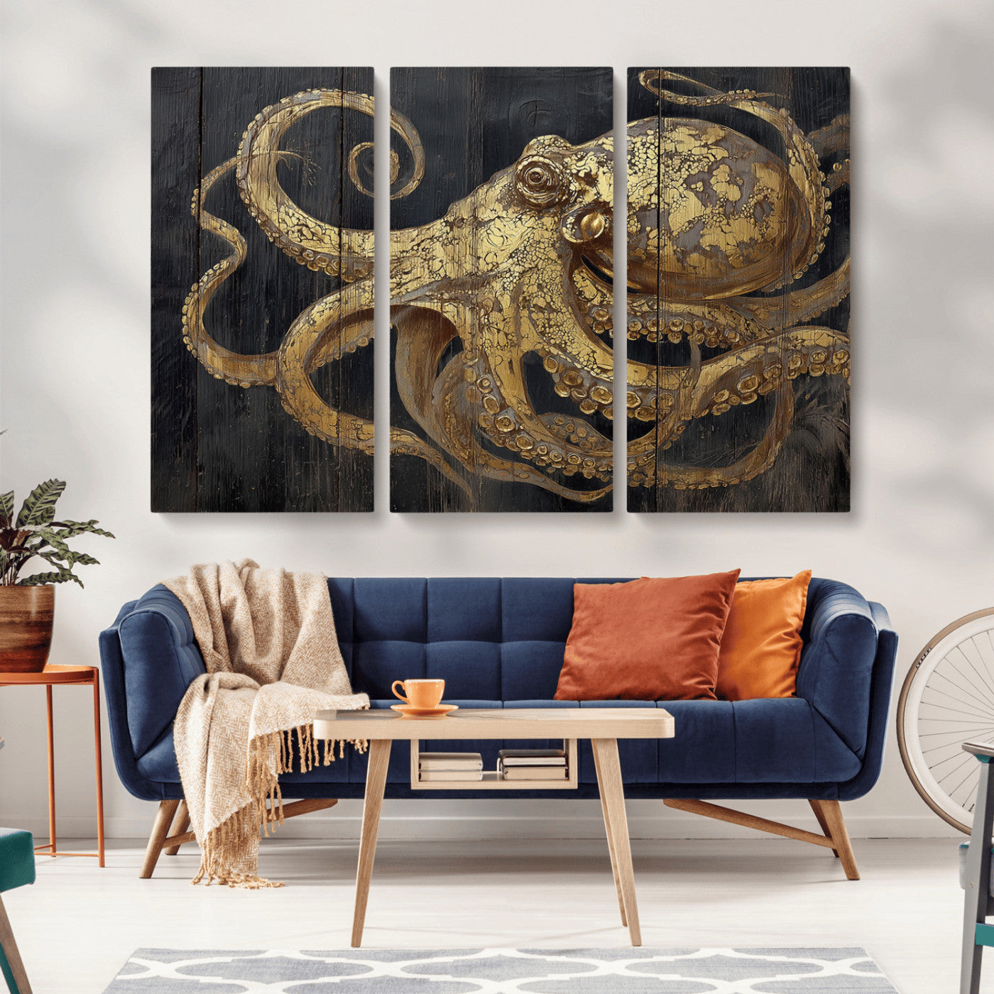 47056538-MGV-CV-36X24-Octopus Canvas Wall Art – Gold Detail, Wooden Texture, Marine Life, Ocean Creature Tentacles, Nautical Coastal Rustic Decor for