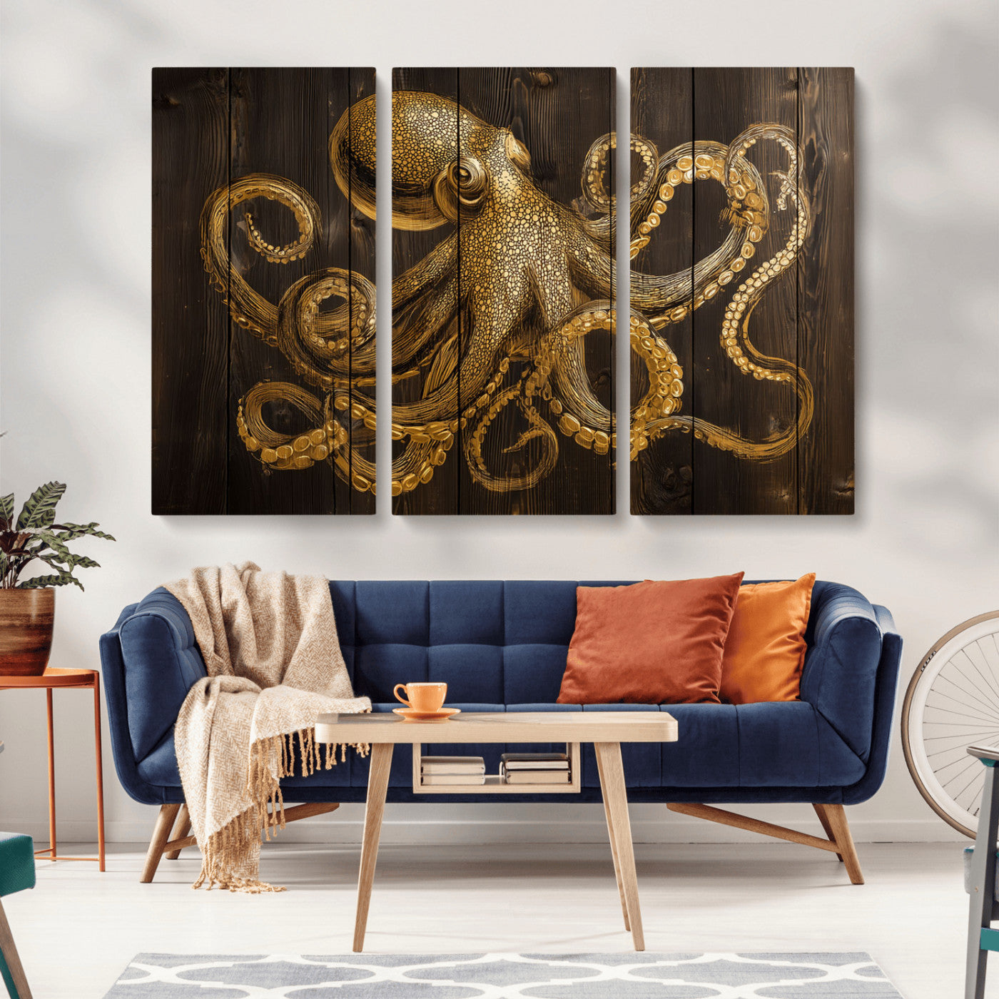 56769669-MGV-CV-36X24-Octopus Wall Art – Gold Nautical Canvas Print with Rustic Wood Panel Design, Detailed Marine Artwork for Coastal Ocean Decoration